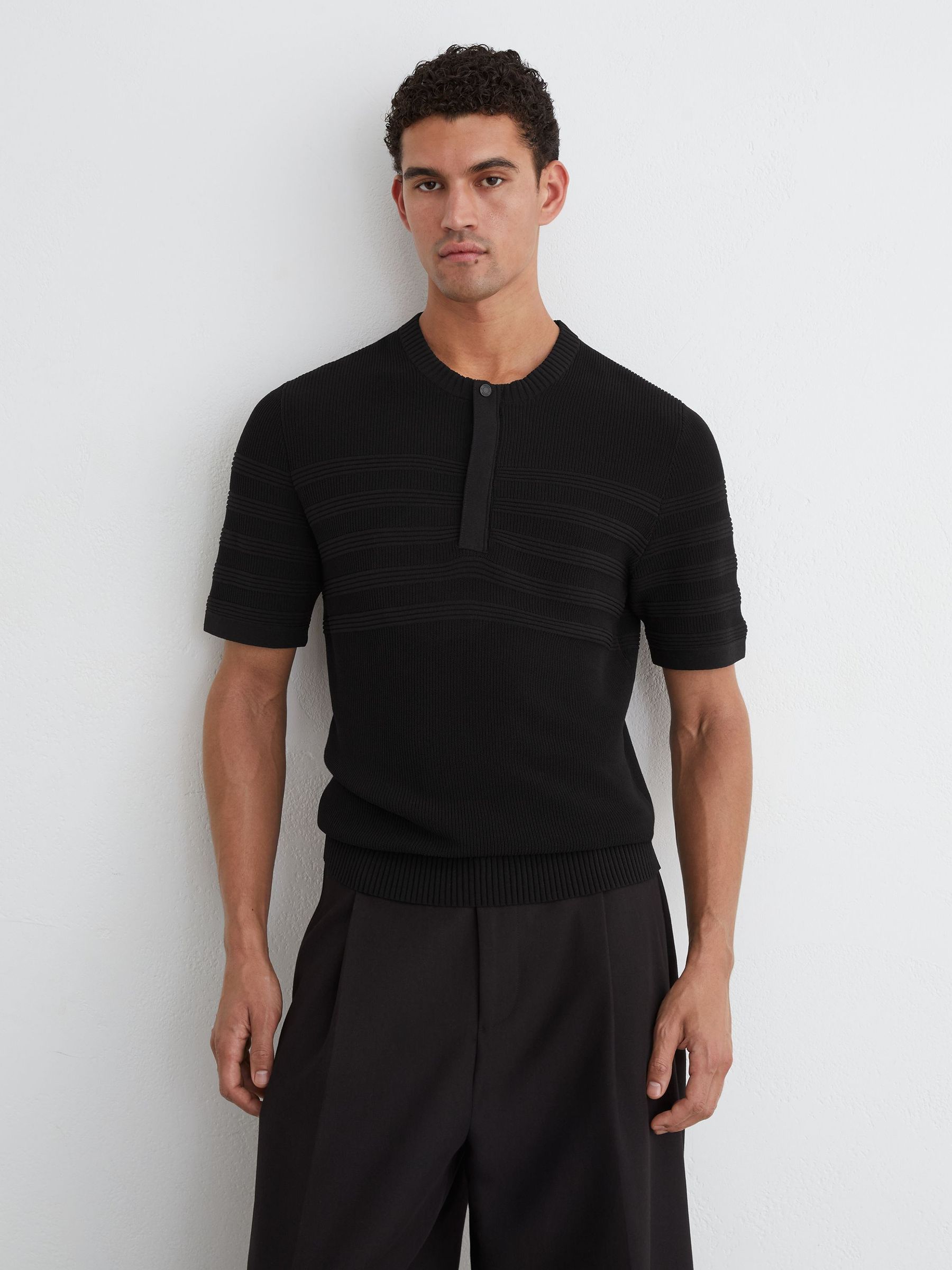 Cotton-Blend Textured Henley Top in Black - Image 4 of 6