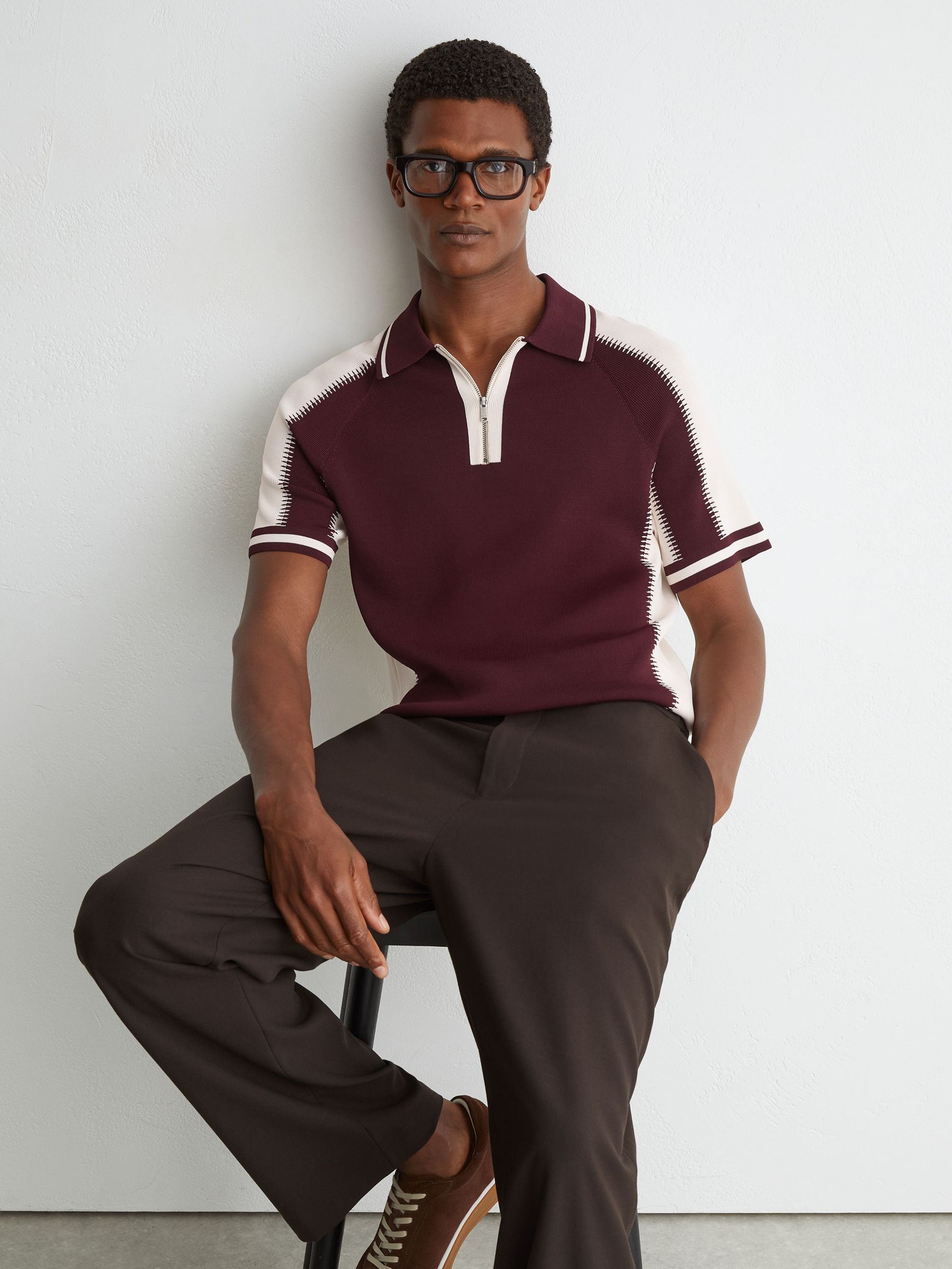 Colour-Block Half-Zip Knitted Polo Shirt in Bordeaux/Ecru - Image 1 of 6