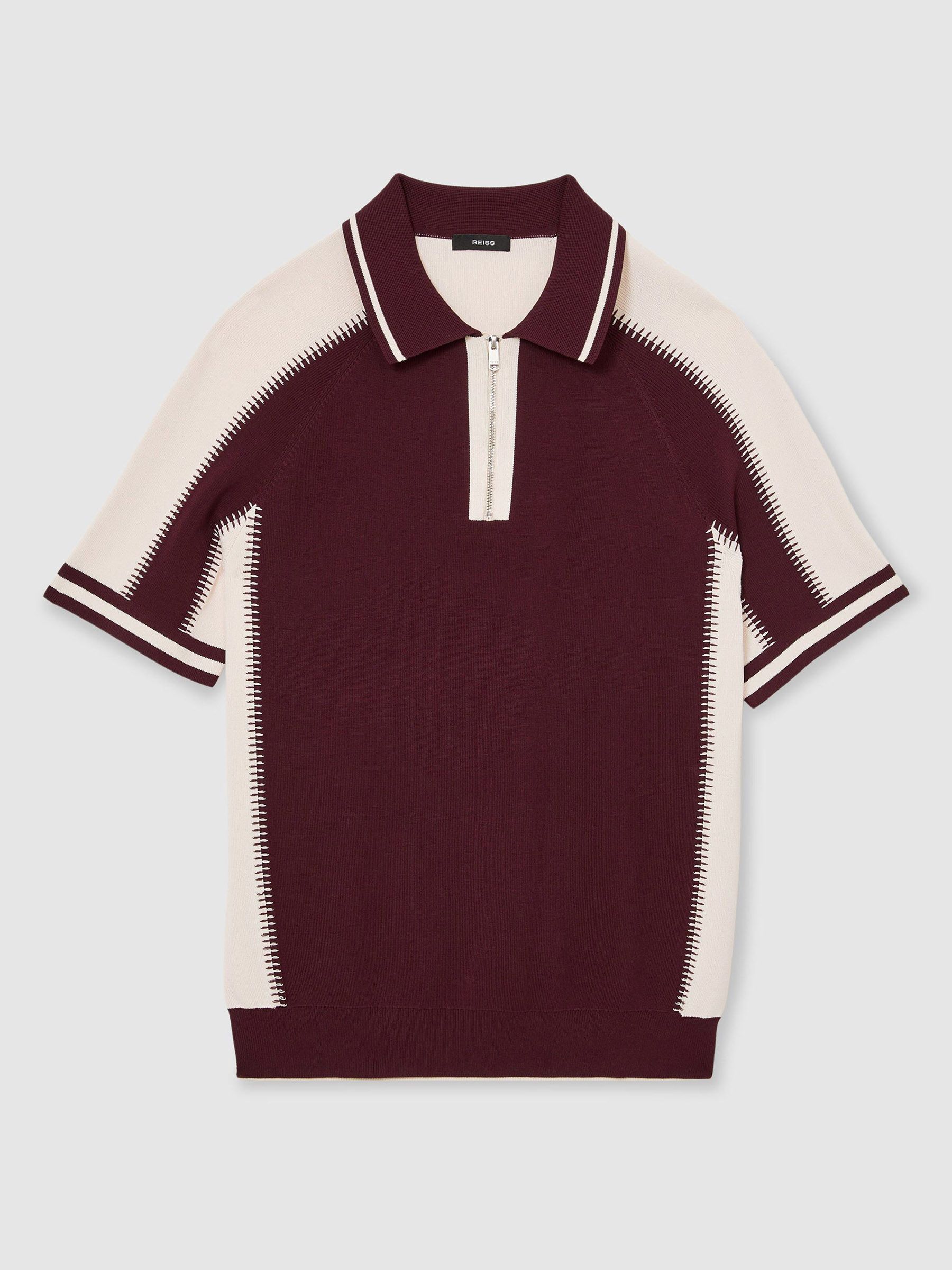 Colour-Block Half-Zip Knitted Polo Shirt in Bordeaux/Ecru - Image 2 of 6