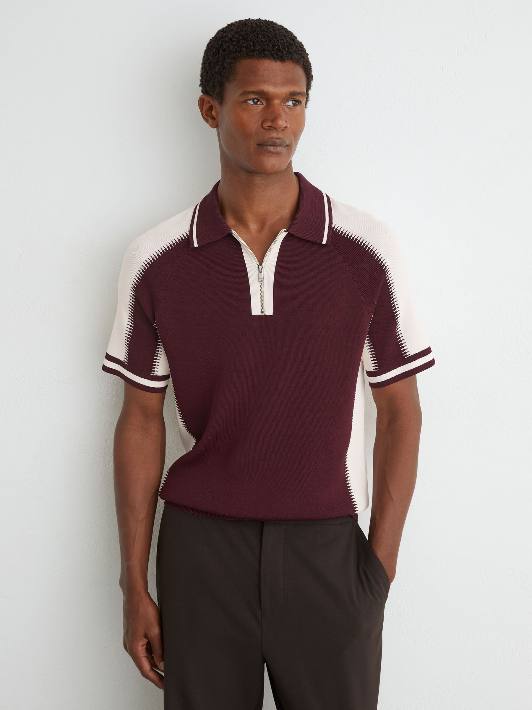 Colour-Block Half-Zip Knitted Polo Shirt in Bordeaux/Ecru - Image 3 of 6