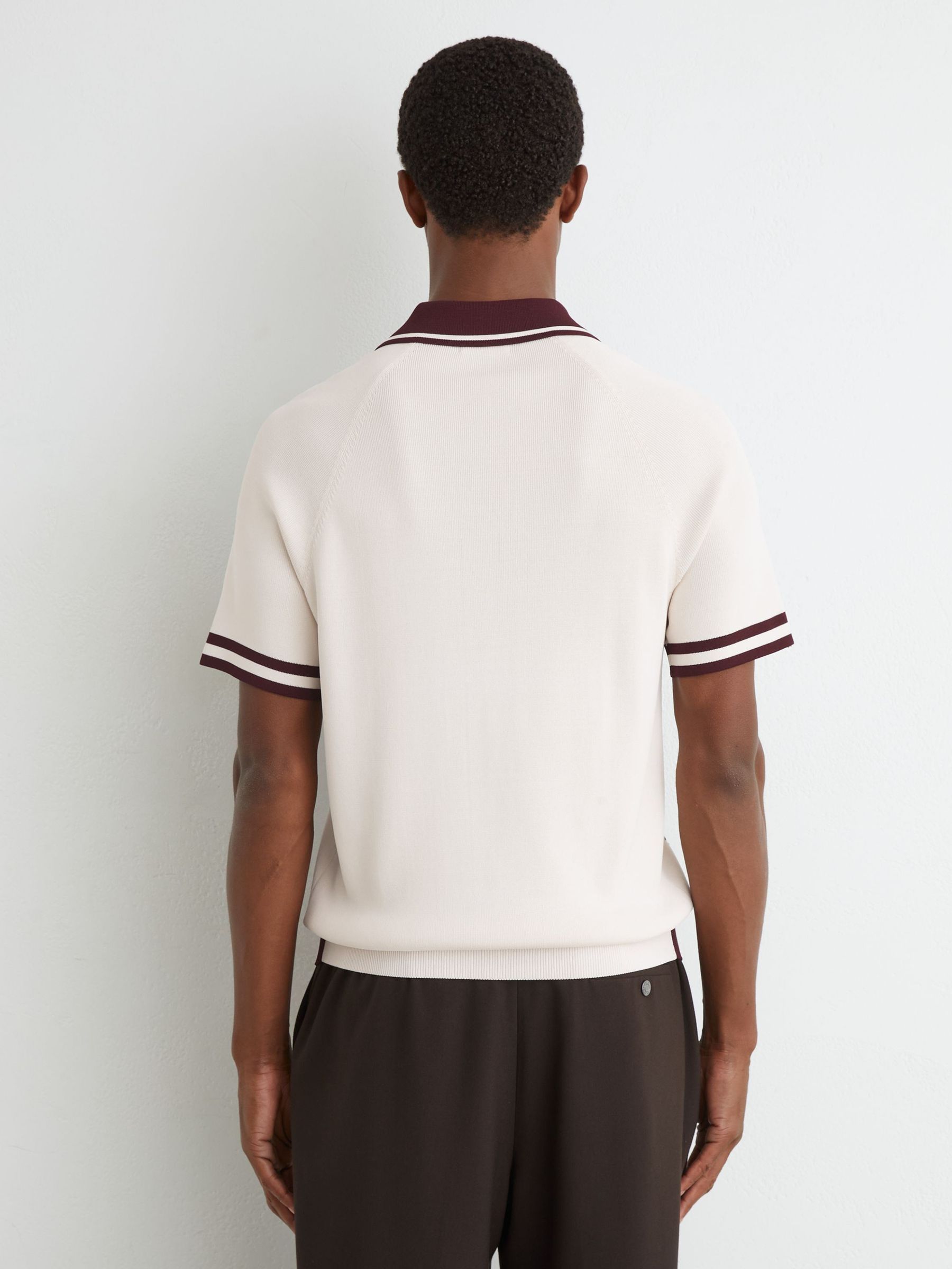 Colour-Block Half-Zip Knitted Polo Shirt in Bordeaux/Ecru - Image 4 of 6
