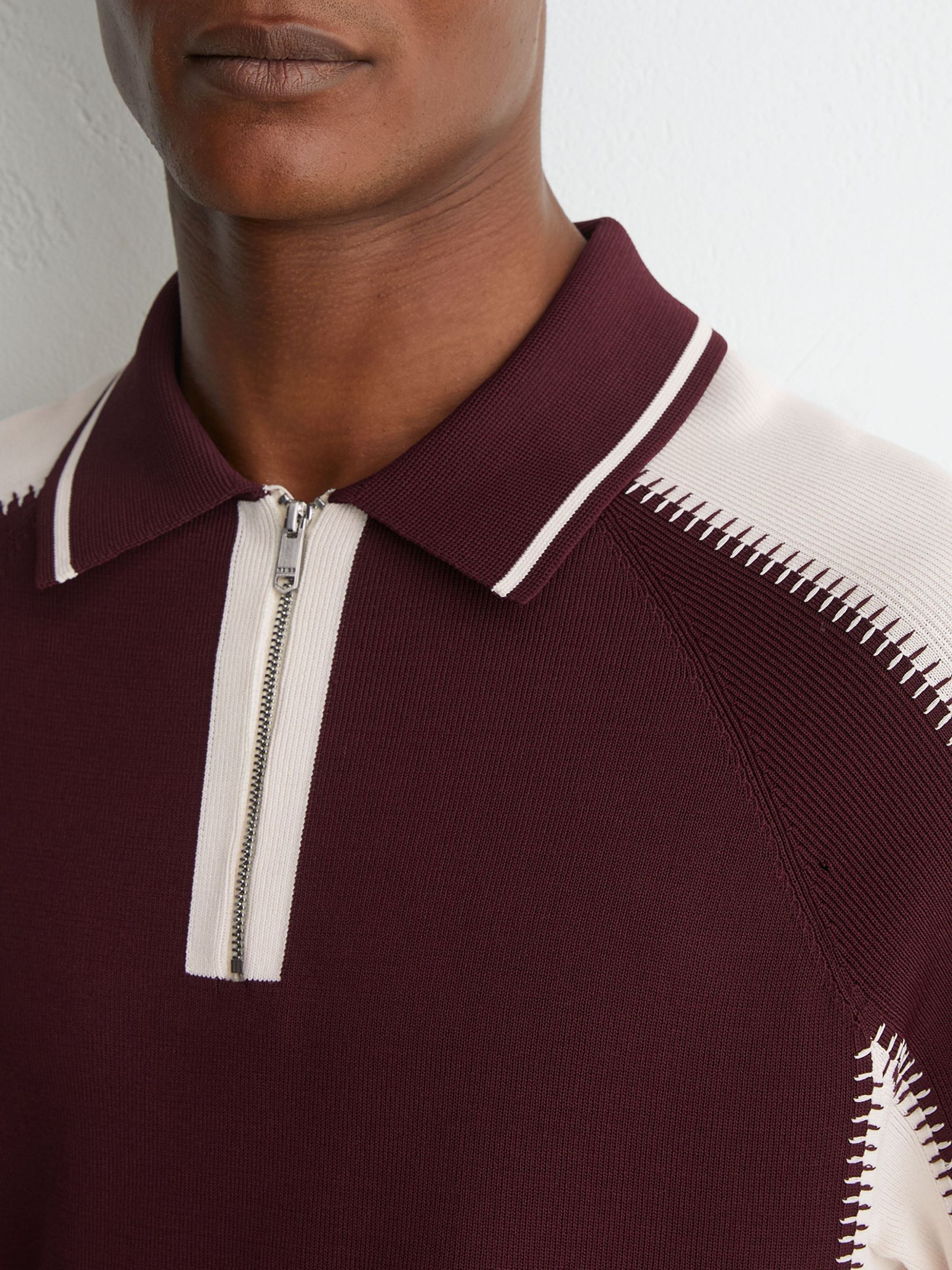 Colour-Block Half-Zip Knitted Polo Shirt in Bordeaux/Ecru - Image 5 of 6