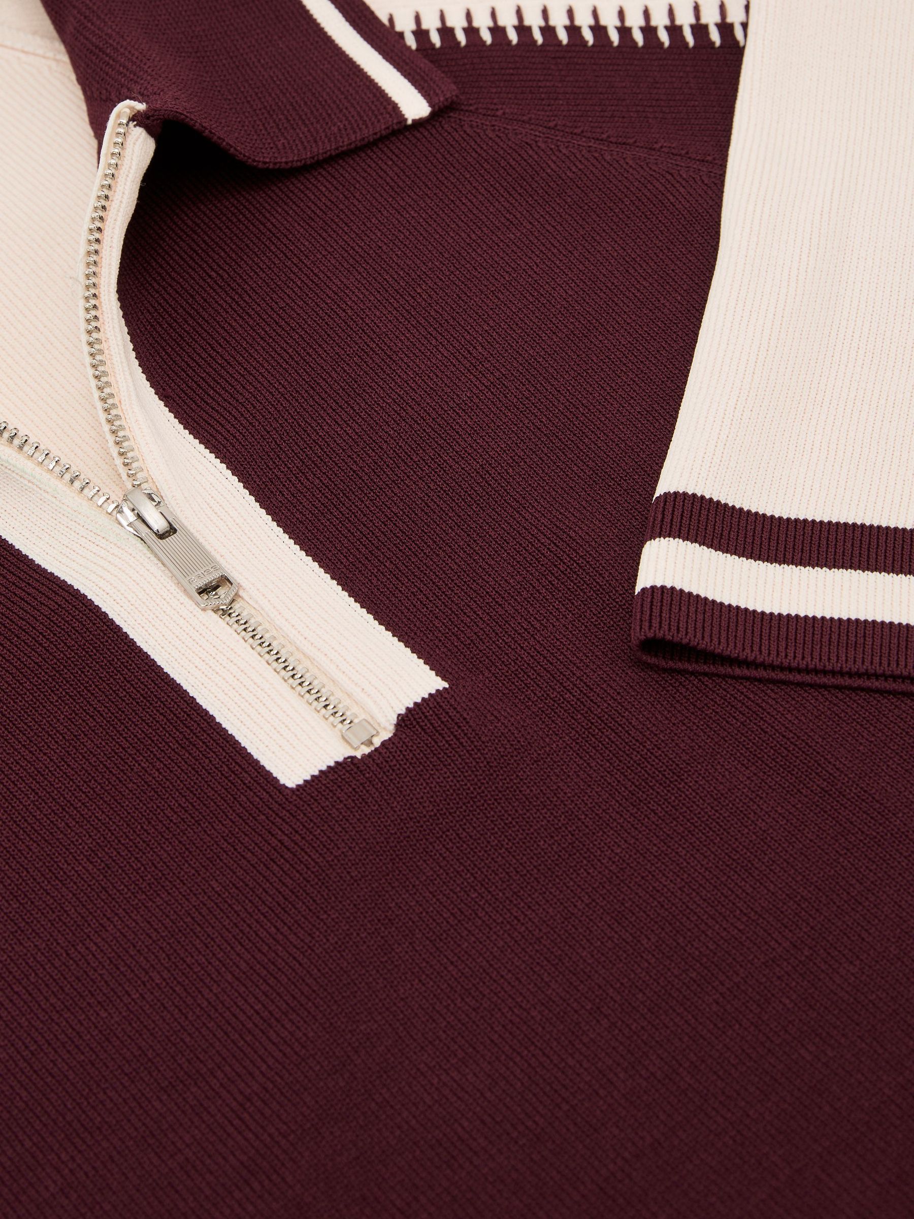 Colour-Block Half-Zip Knitted Polo Shirt in Bordeaux/Ecru - Image 6 of 6