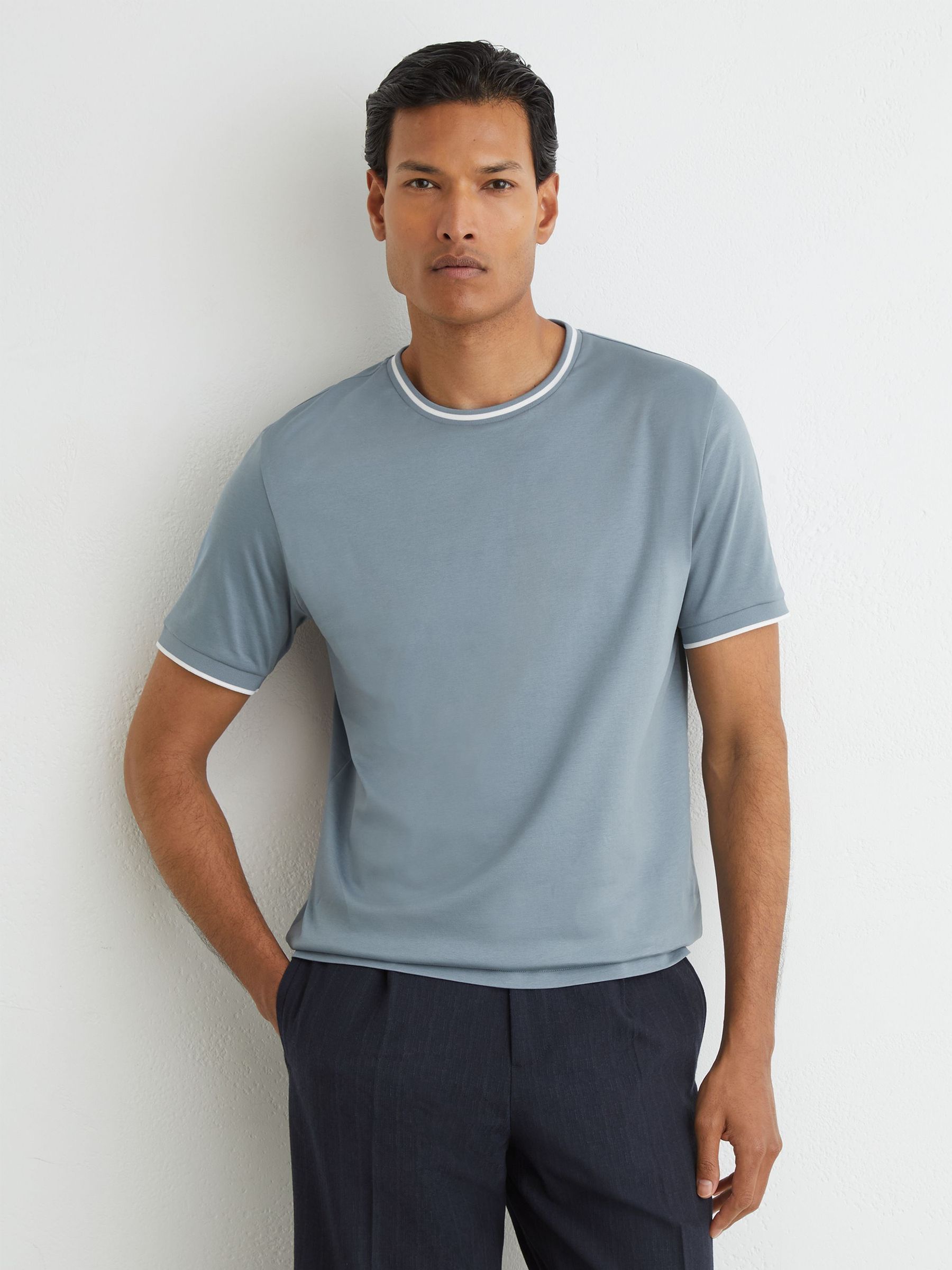 Air-Water Cotton Tipped Tailored-Fit T-Shirt in Dusty Blue - Image 1 of 6 Air-Water Cotton Tipped Tailored-Fit T-Shirt in Dusty Blue - Image 1 of 6