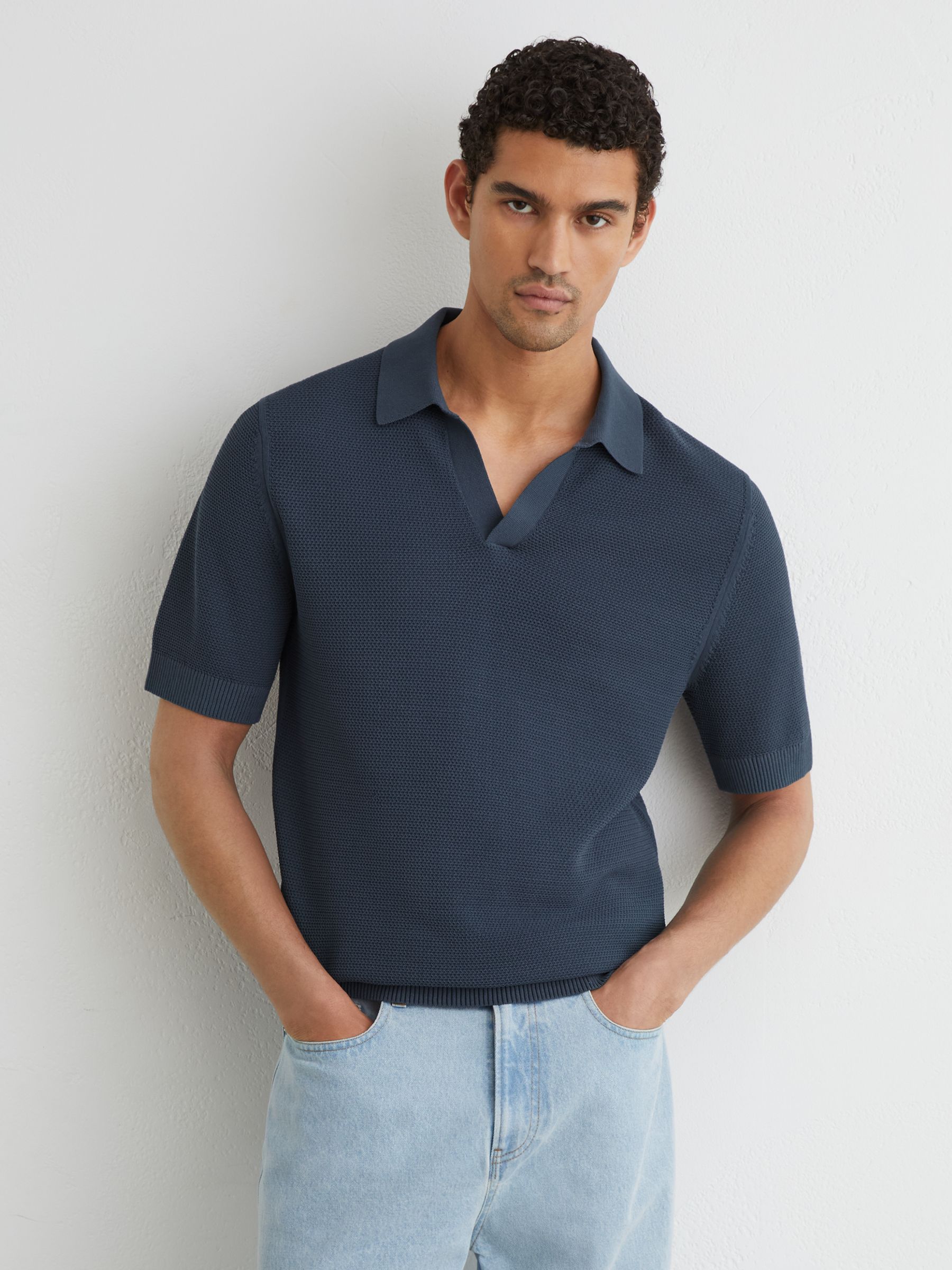 Cotton-Blend Basket-Stitch Open-Collar Polo Shirt in Steel Blue - Image 1 of 6 Cotton-Blend Basket-Stitch Open-Collar Polo Shirt in Steel Blue - Image 1 of 6