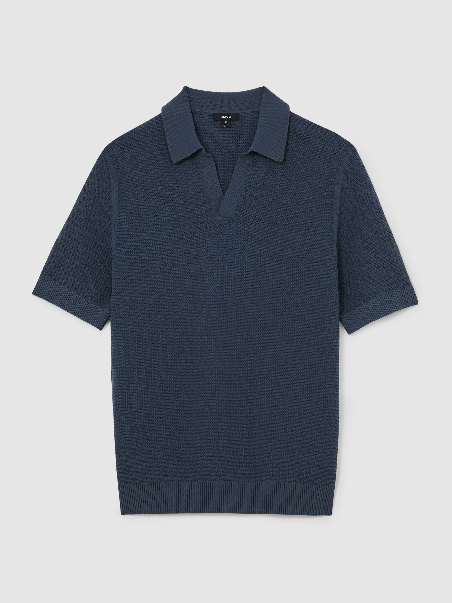 Cotton-Blend Basket-Stitch Open-Collar Polo Shirt in Steel Blue - Image 2 of 6 Cotton-Blend Basket-Stitch Open-Collar Polo Shirt in Steel Blue - Image 2 of 6