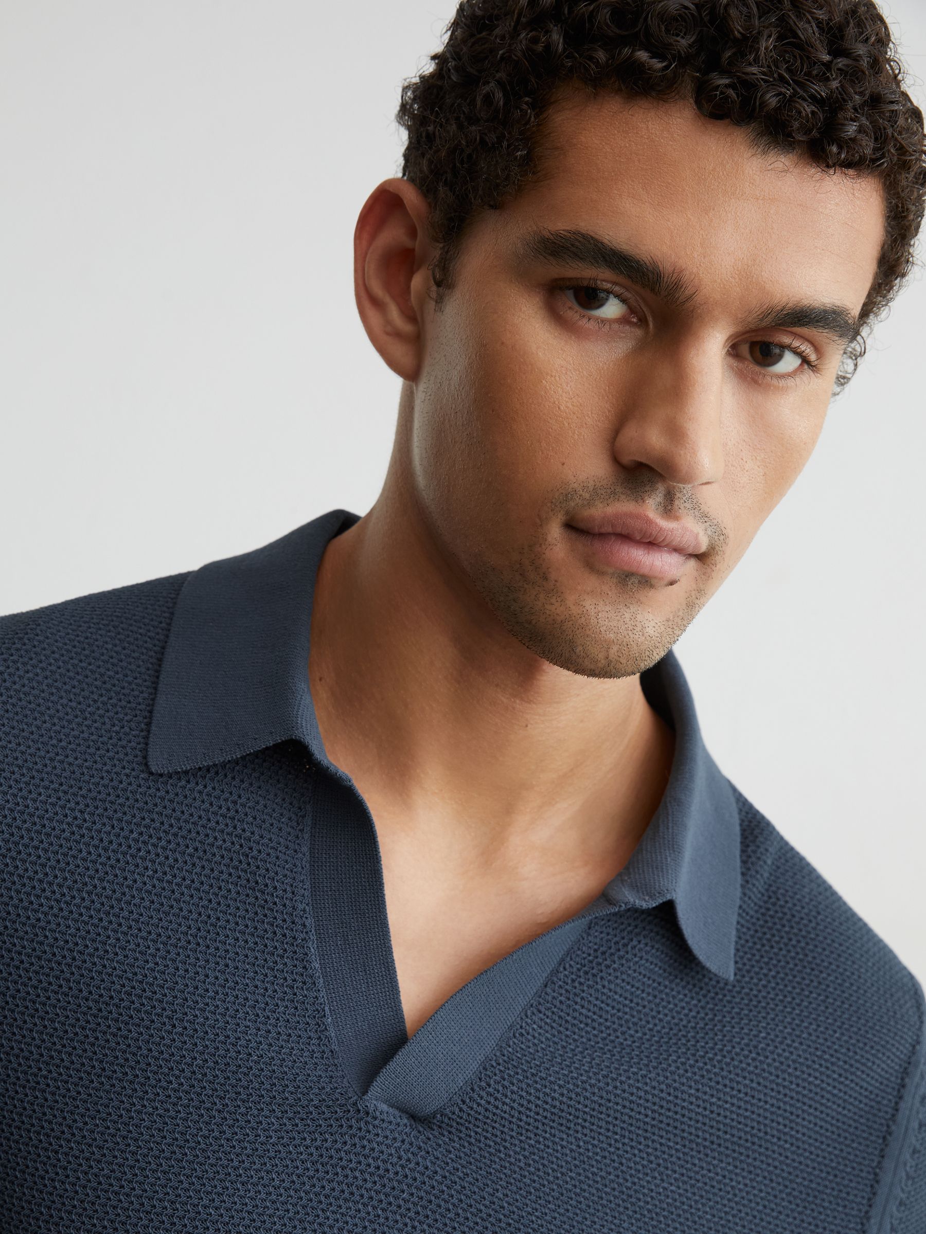 Cotton-Blend Basket-Stitch Open-Collar Polo Shirt in Steel Blue - Image 3 of 6