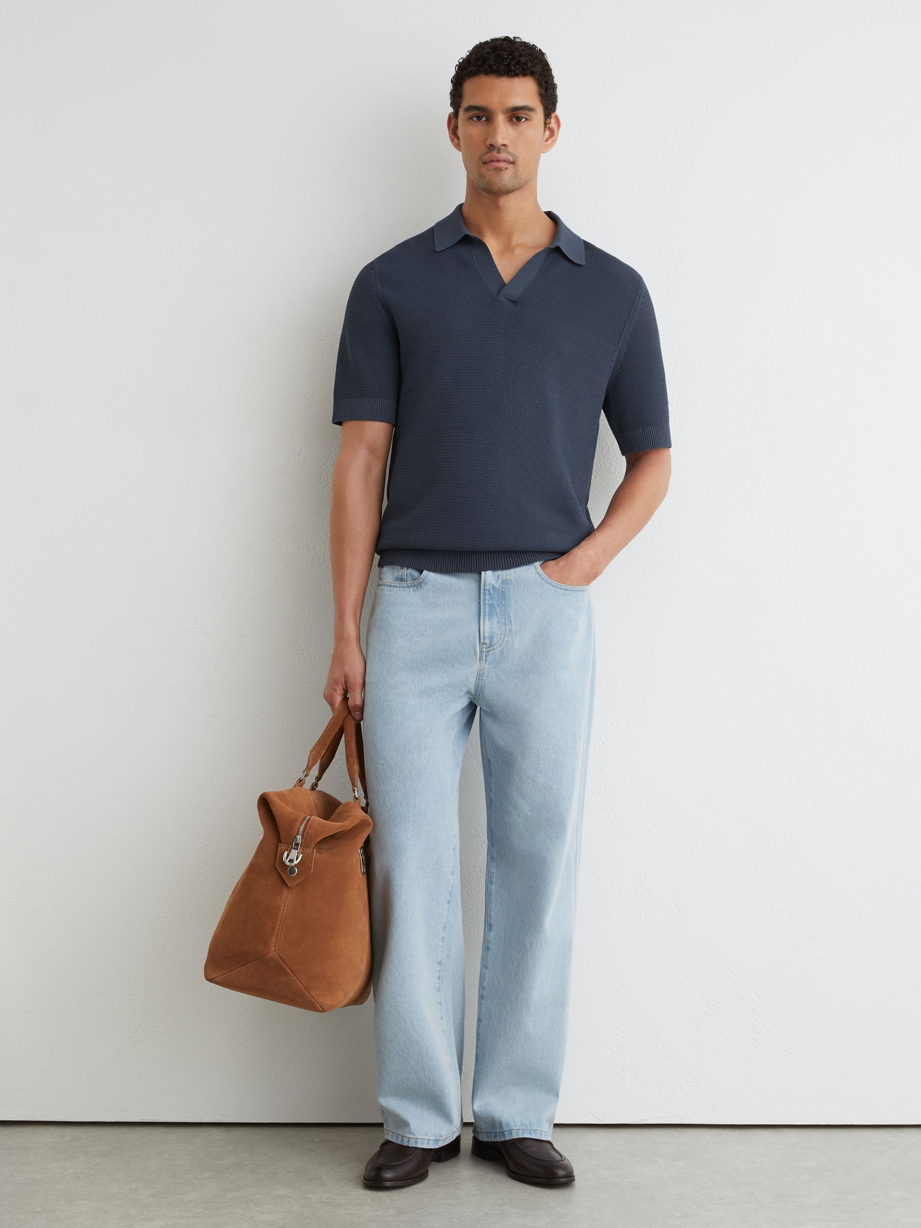 Cotton-Blend Basket-Stitch Open-Collar Polo Shirt in Steel Blue - Image 4 of 6