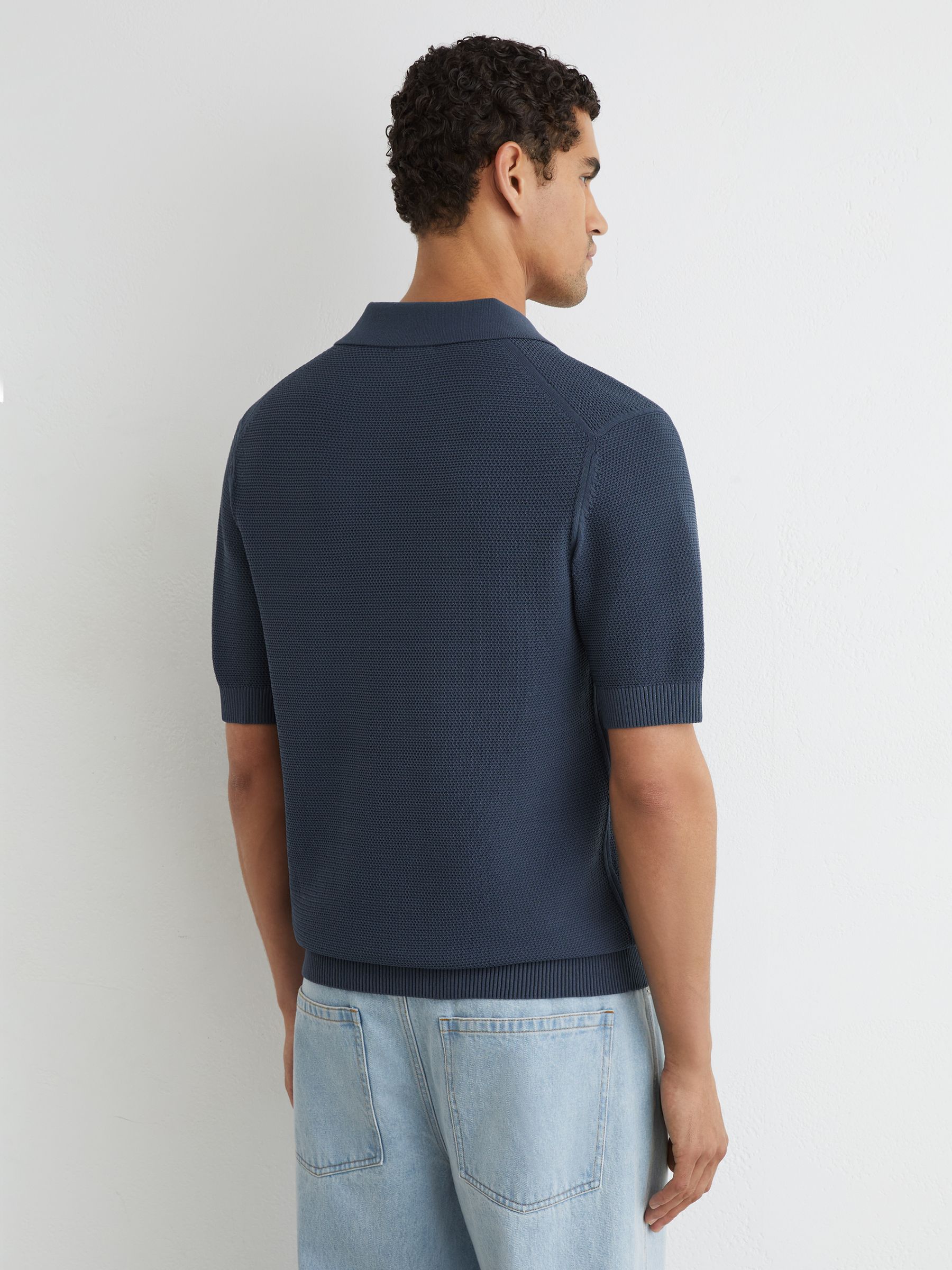 Cotton-Blend Basket-Stitch Open-Collar Polo Shirt in Steel Blue - Image 5 of 6