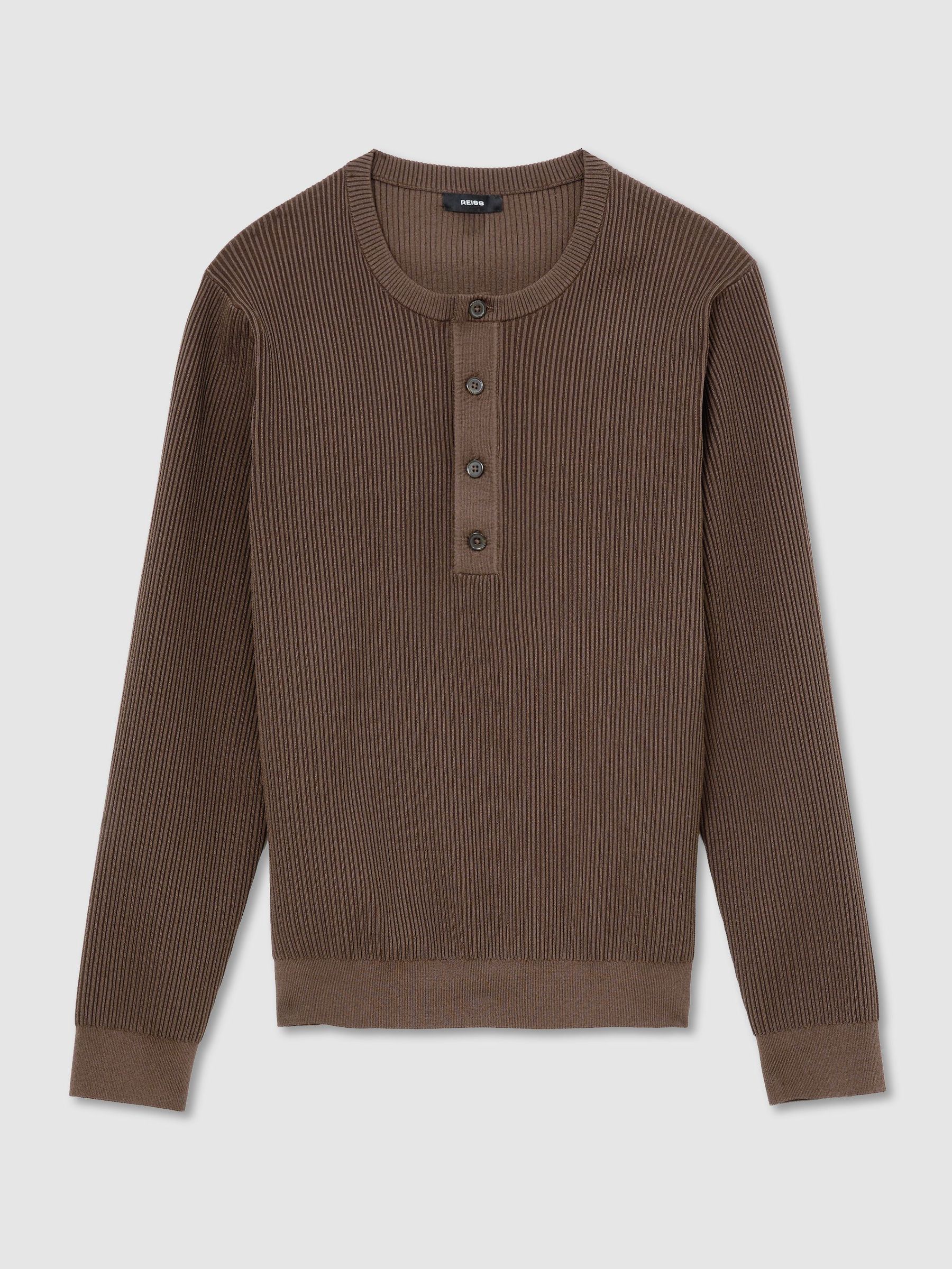 Ribbed Long-Sleeve Henley Top in Chocolate Brown - Image 2 of 6