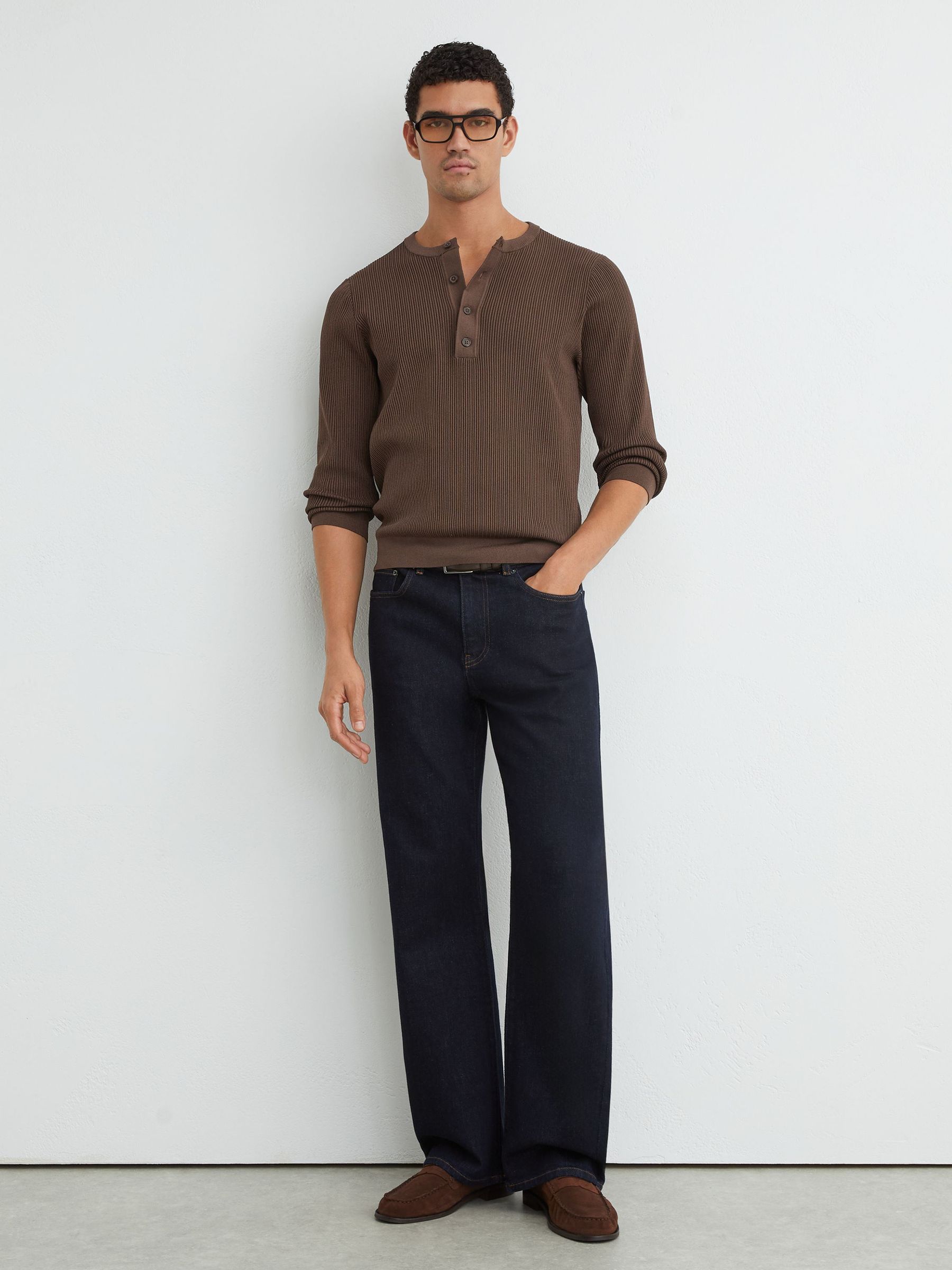 Ribbed Long-Sleeve Henley Top in Chocolate Brown - Image 3 of 6