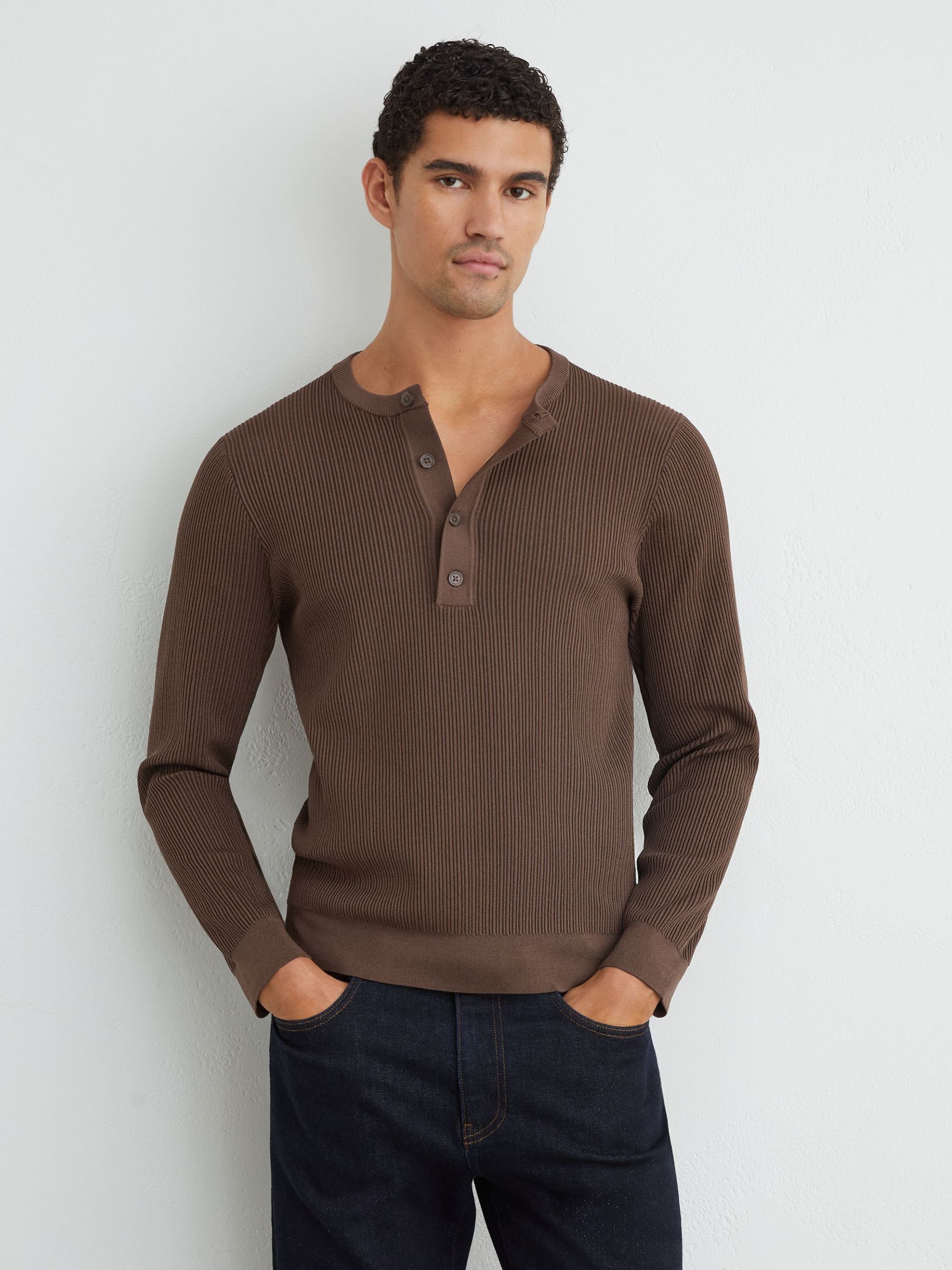 Ribbed Long-Sleeve Henley Top in Chocolate Brown - Image 4 of 6