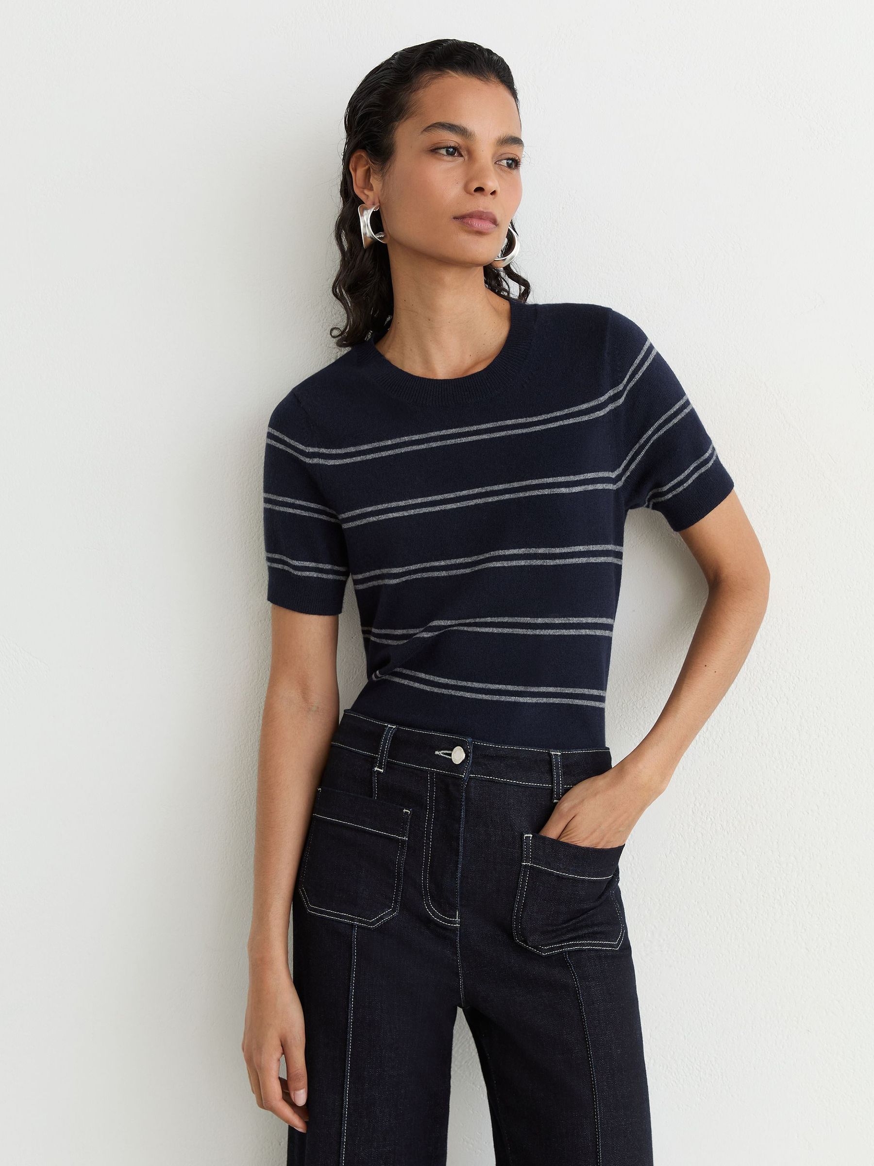 Wool-Blend Striped Knit Top with Cashmere in Navy/Grey - Image 1 of 5