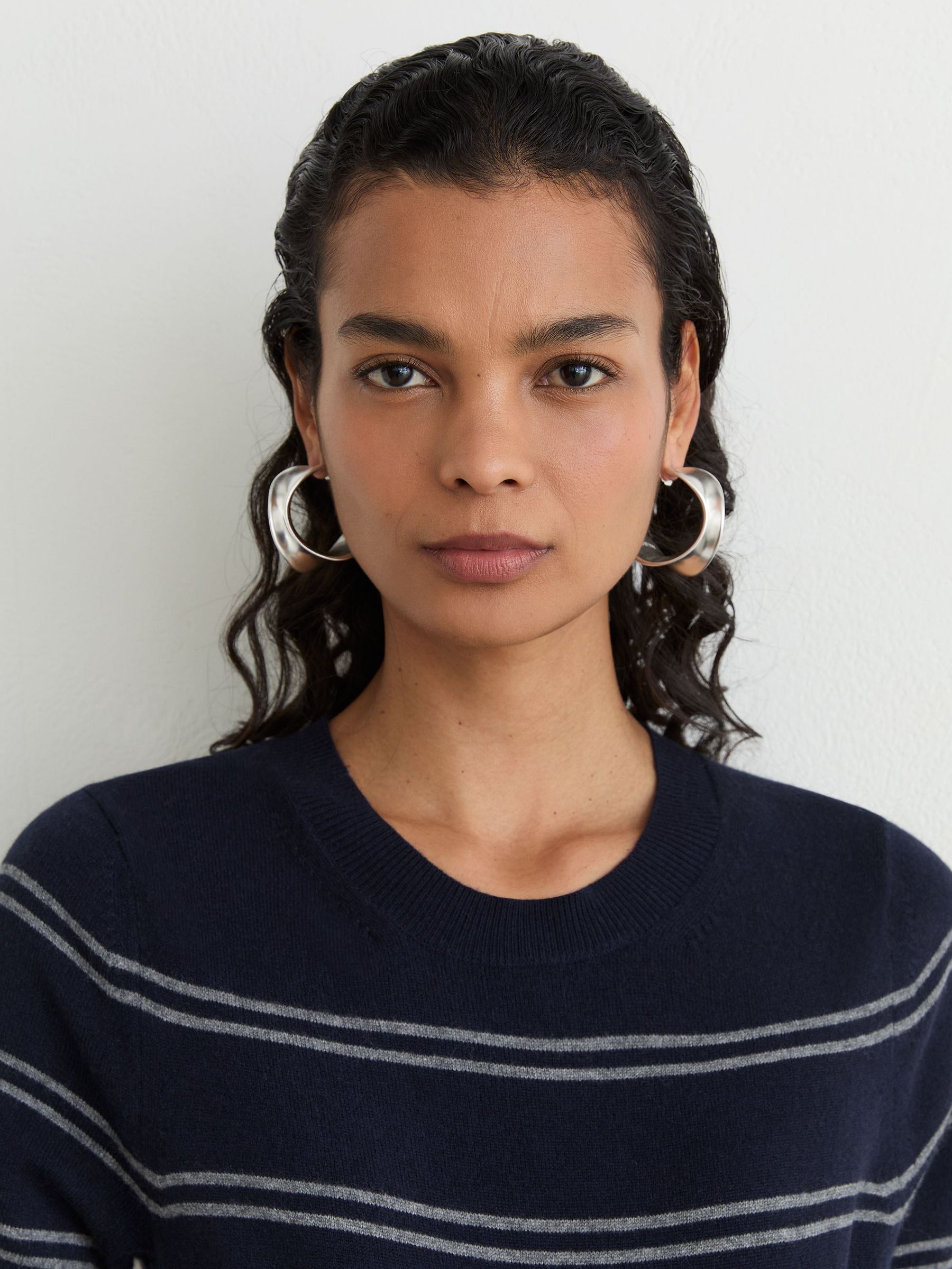 Wool-Blend Striped Knit Top with Cashmere in Navy/Grey - Image 3 of 5
