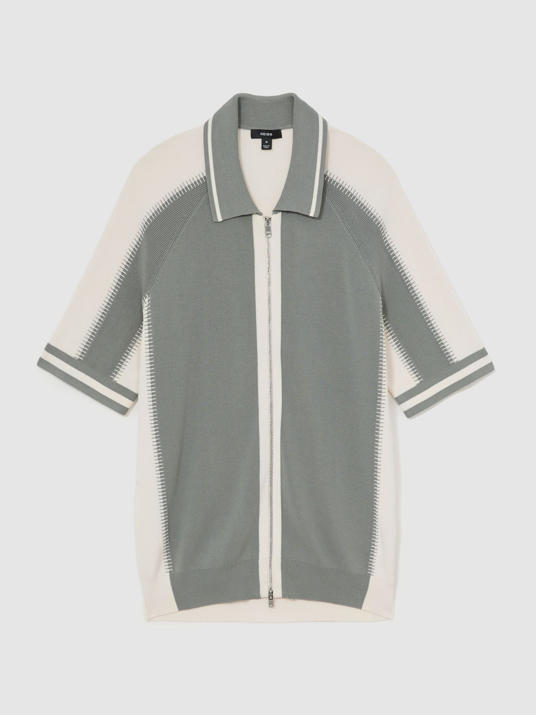 Colour-Block Zip-Through Knit Shirt in Sage Green/Ecru - Image 2 of 6