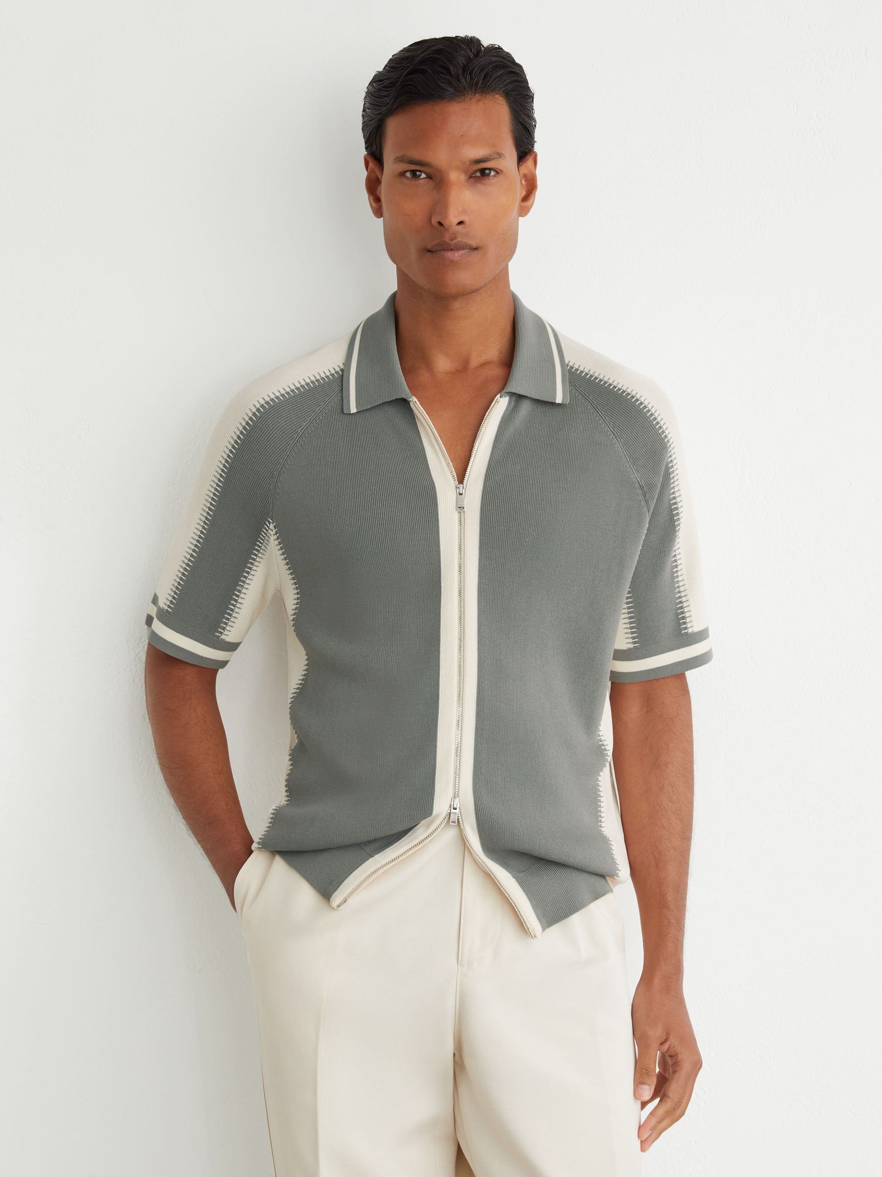 Colour-Block Zip-Through Knit Shirt in Sage Green/Ecru - Image 3 of 6