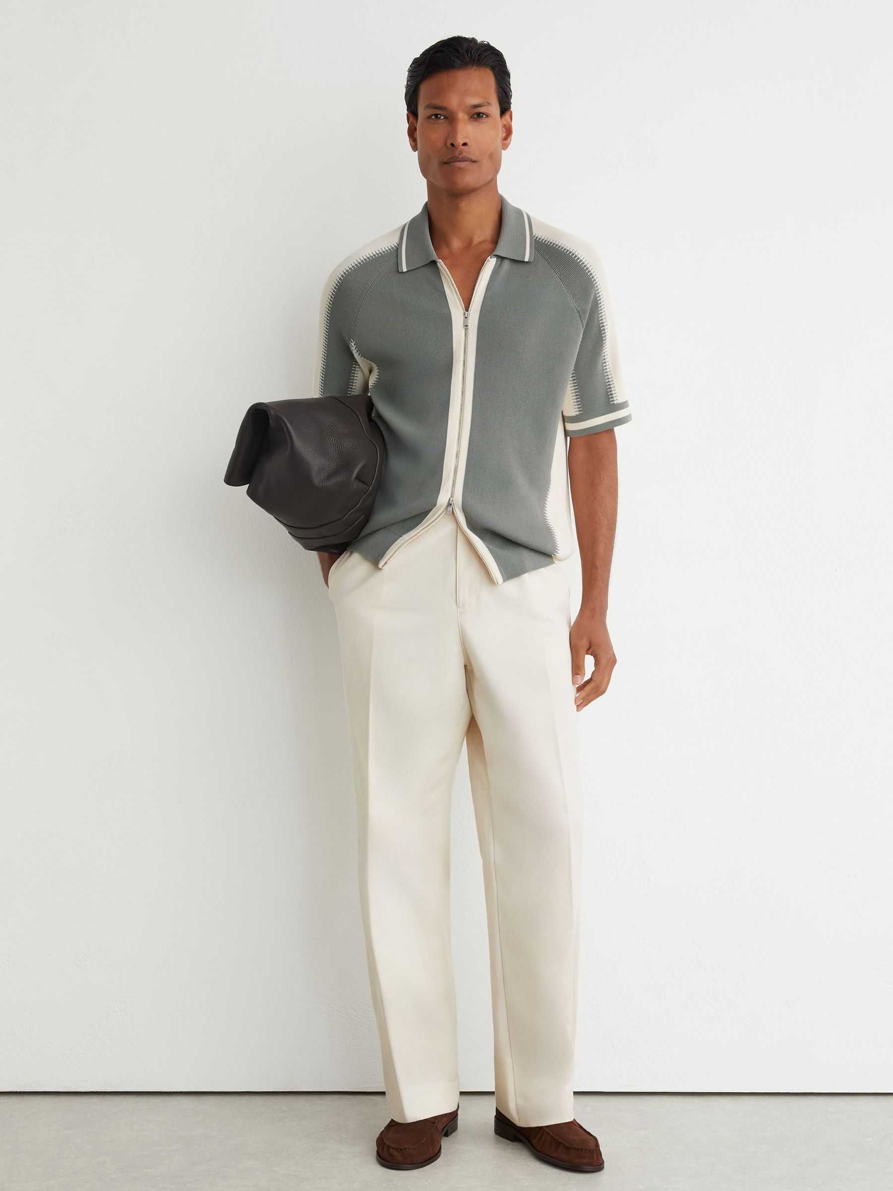 Colour-Block Zip-Through Knit Shirt in Sage Green/Ecru - Image 5 of 6