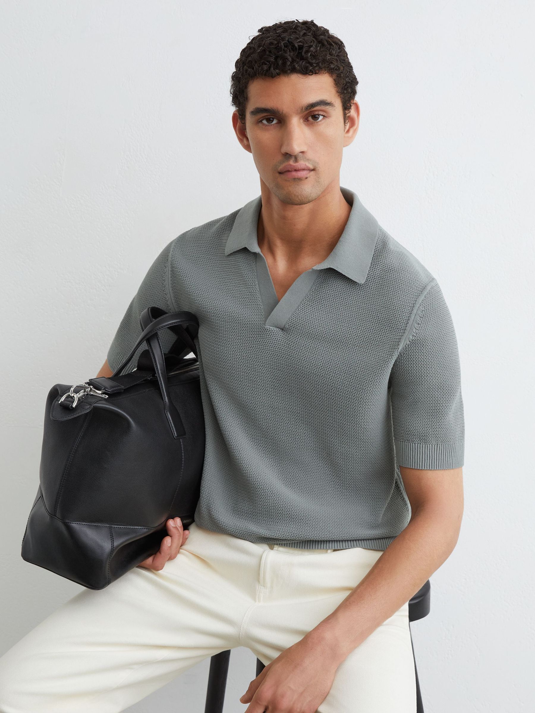 Cotton-Blend Basket-Stitch Open-Collar Polo in Sage - Image 1 of 6