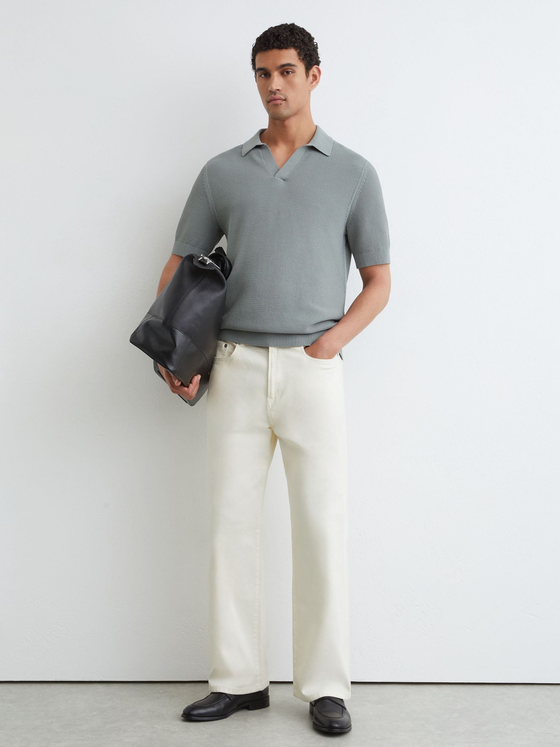 Cotton-Blend Basket-Stitch Open-Collar Polo in Sage - Image 4 of 6