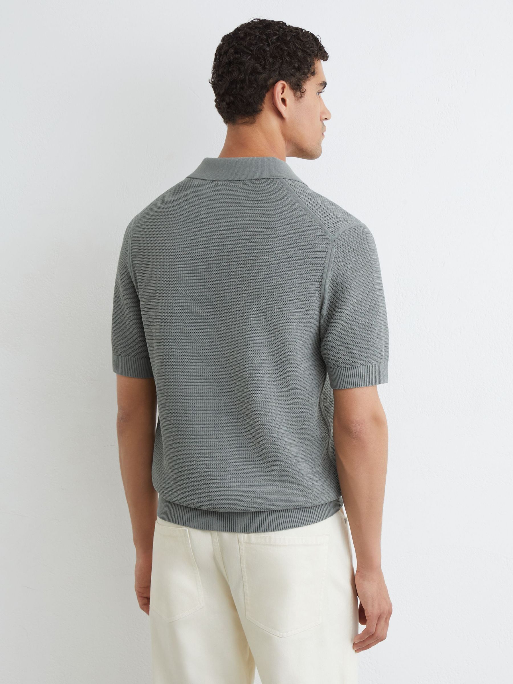 Cotton-Blend Basket-Stitch Open-Collar Polo in Sage - Image 5 of 6