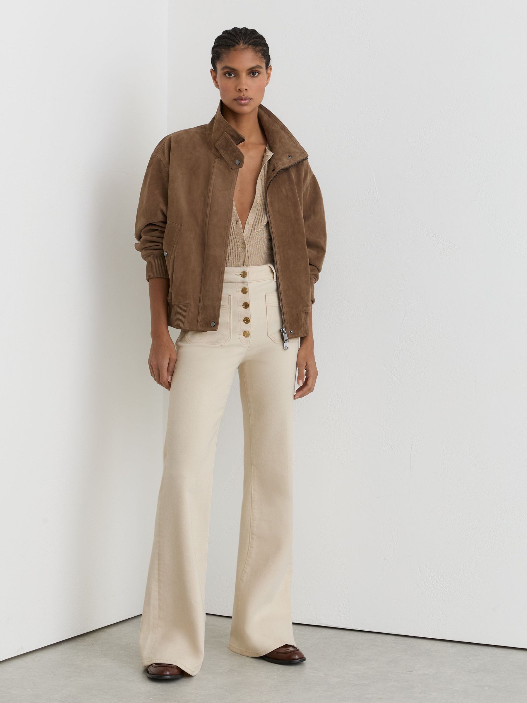 Petite Twin-Pocket Button Flared Jeans in Ecru - image 3