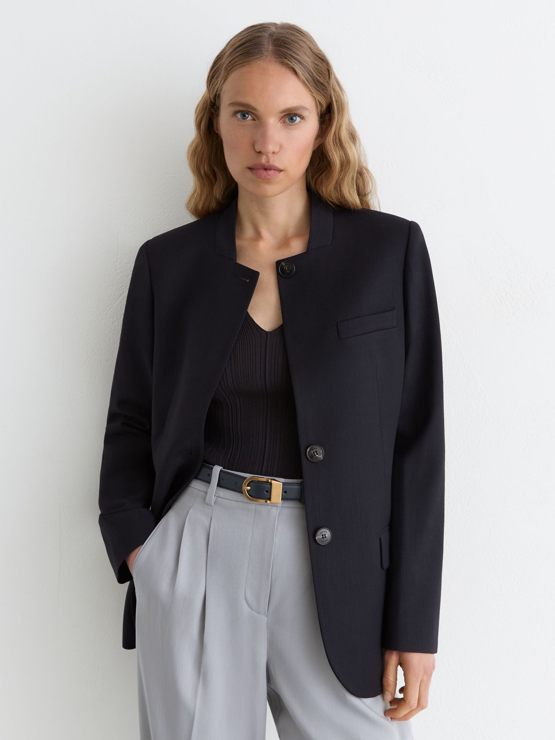 Wool-Blend Collarless Jacket in Navy - Image 1 of 8