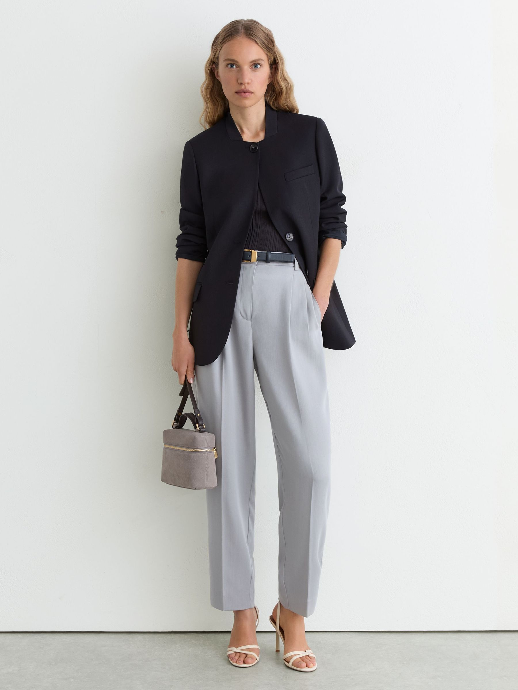 Wool-Blend Collarless Jacket in Navy - Image 3 of 8