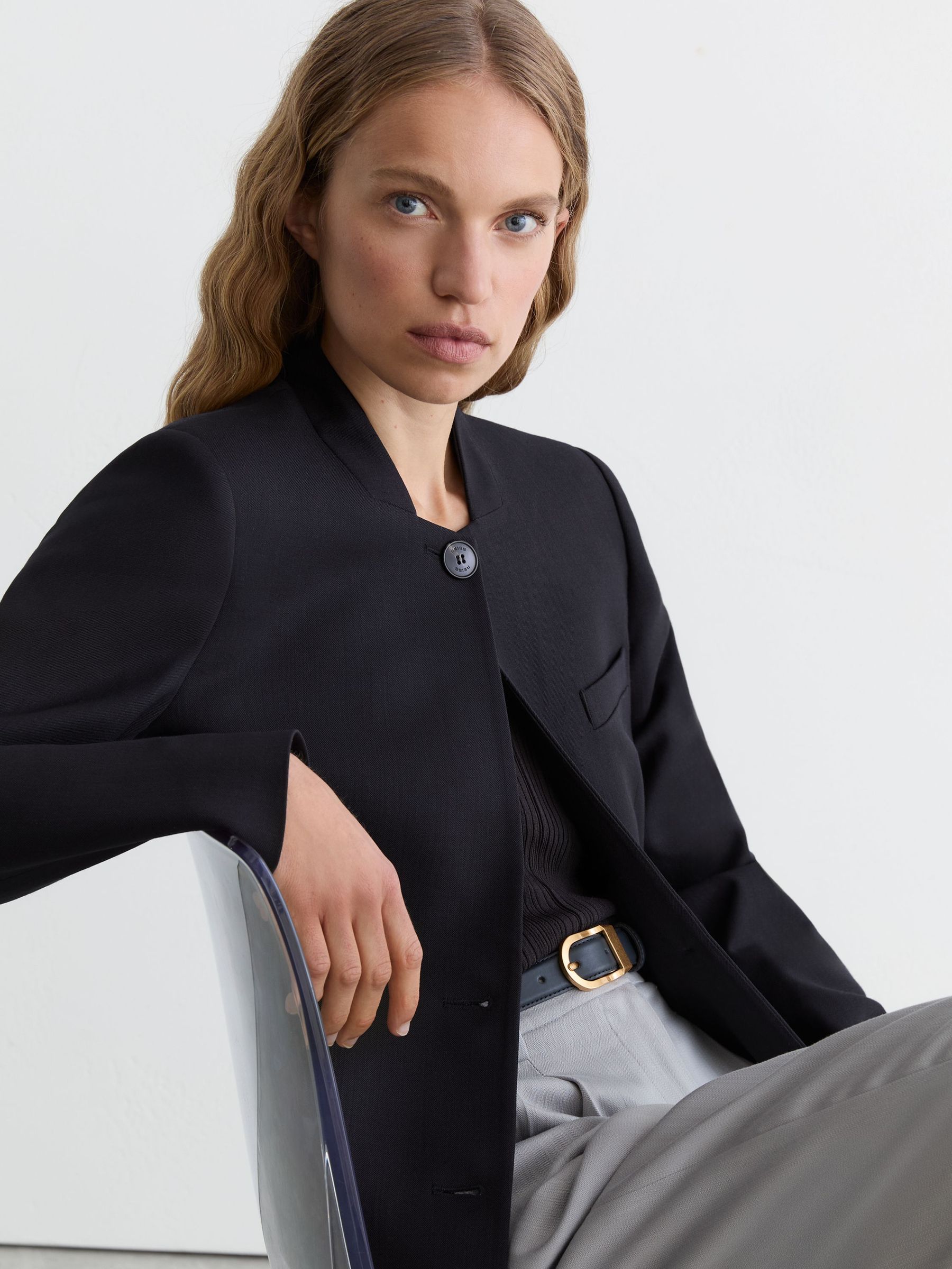 Wool-Blend Collarless Jacket in Navy - Image 4 of 8