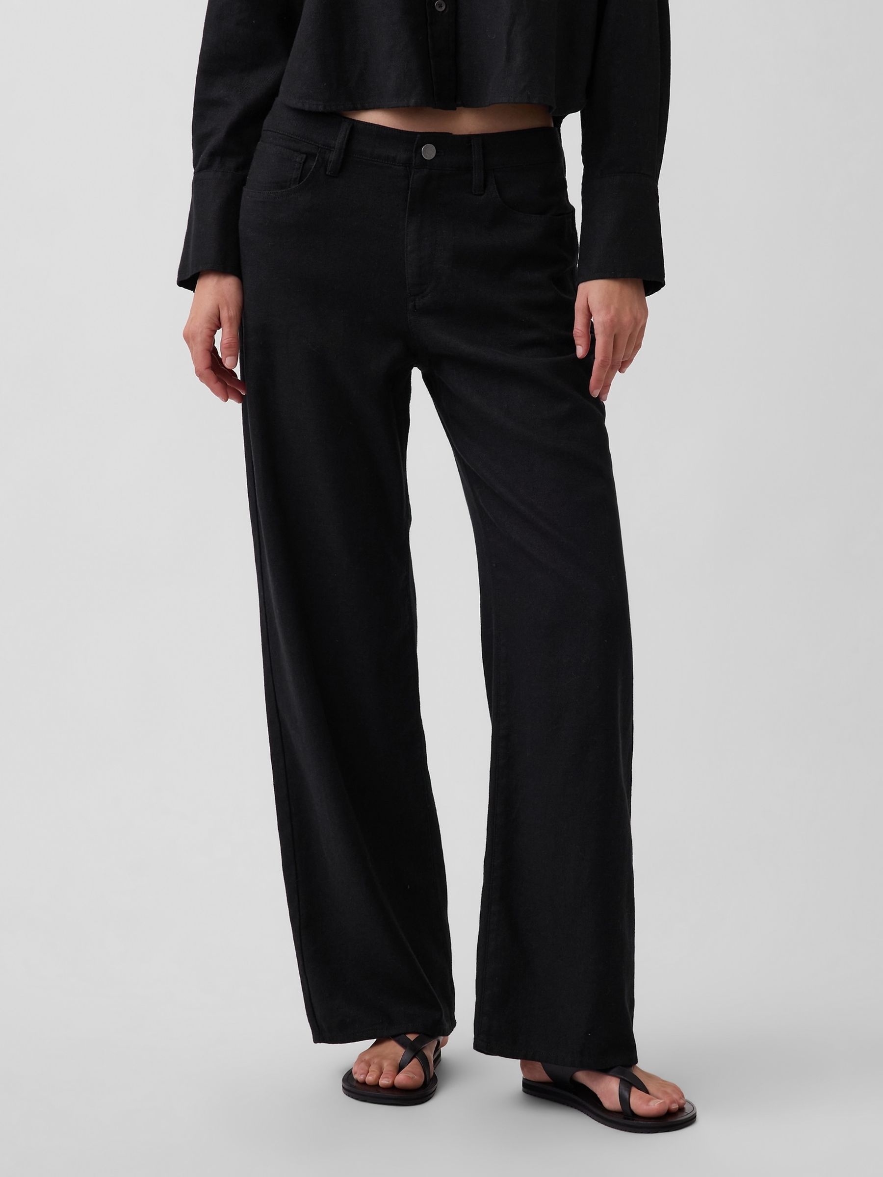 Black Linen-Cotton Wide-Leg Trousers - Image 1 of 4