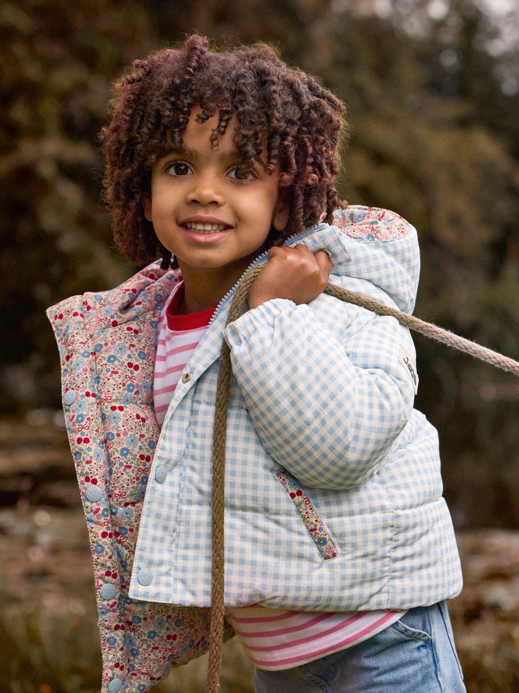 Light Blue Gingham Reversible Puffer Coat - Image 1 of 9