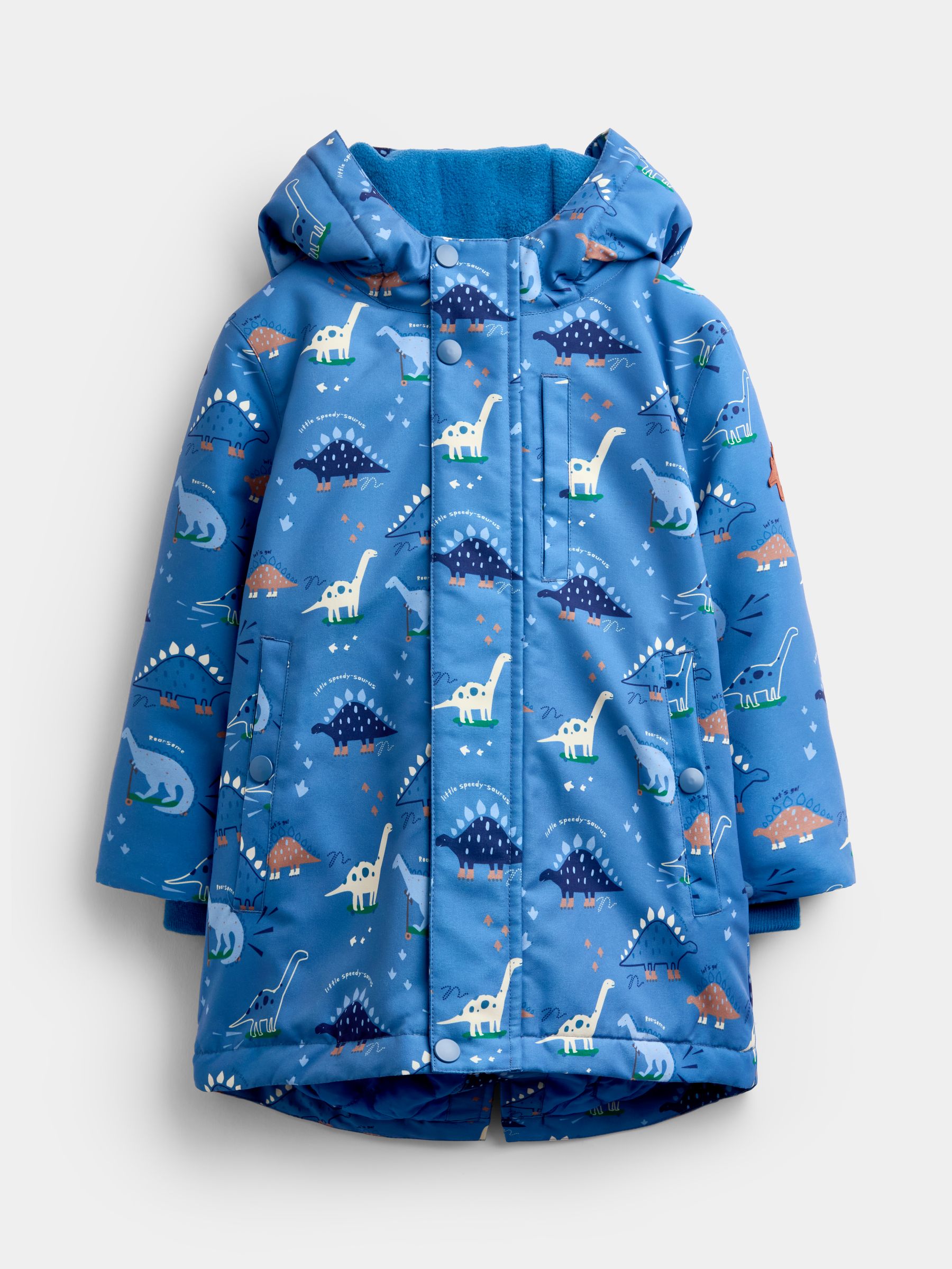 Denim Blue Dinosaur Dino Print Cosy Lined Parka - Image 1 of 5 Denim Blue Dinosaur Dino Print Cosy Lined Parka - Image 1 of 5