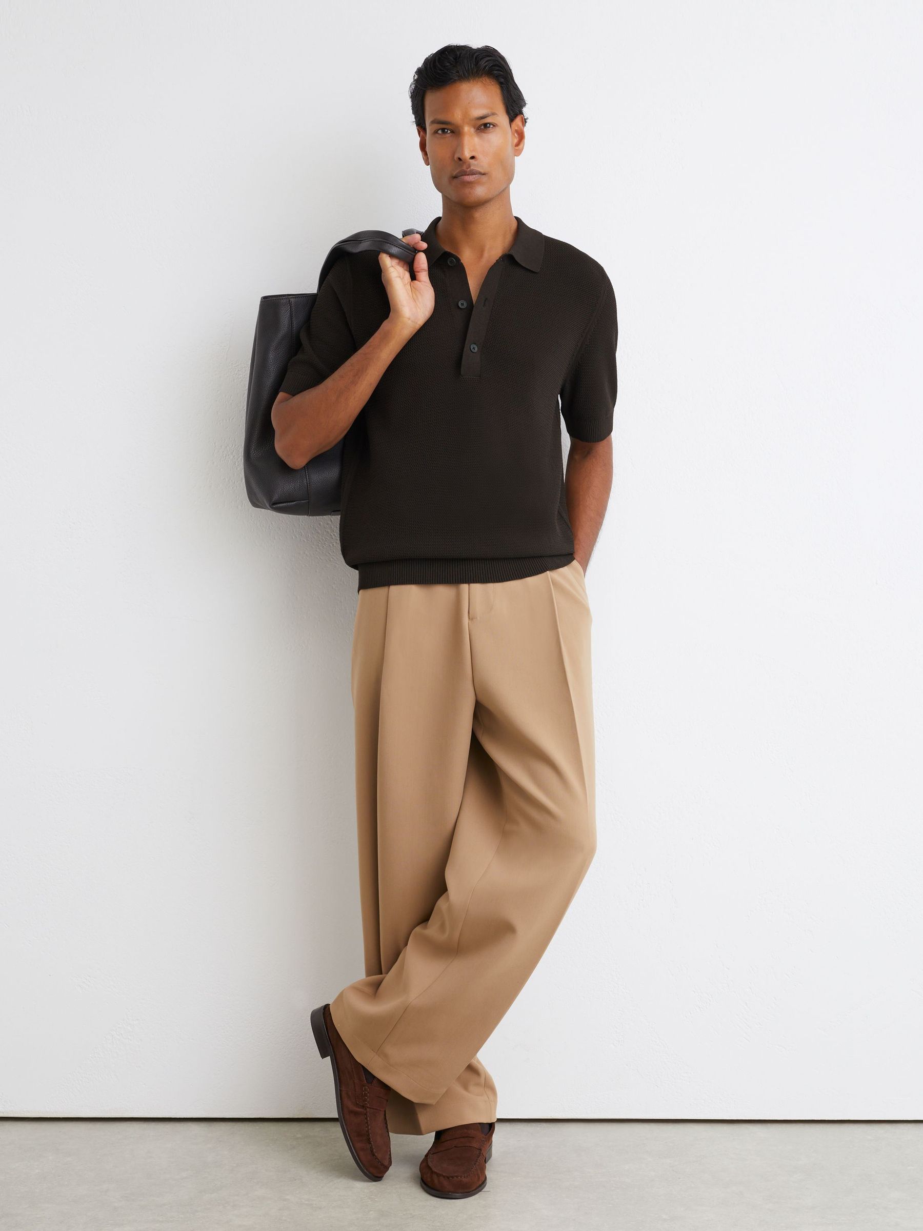 Cotton-Blend Basket-Stitch Polo Shirt in Chocolate Brown - Image 3 of 7