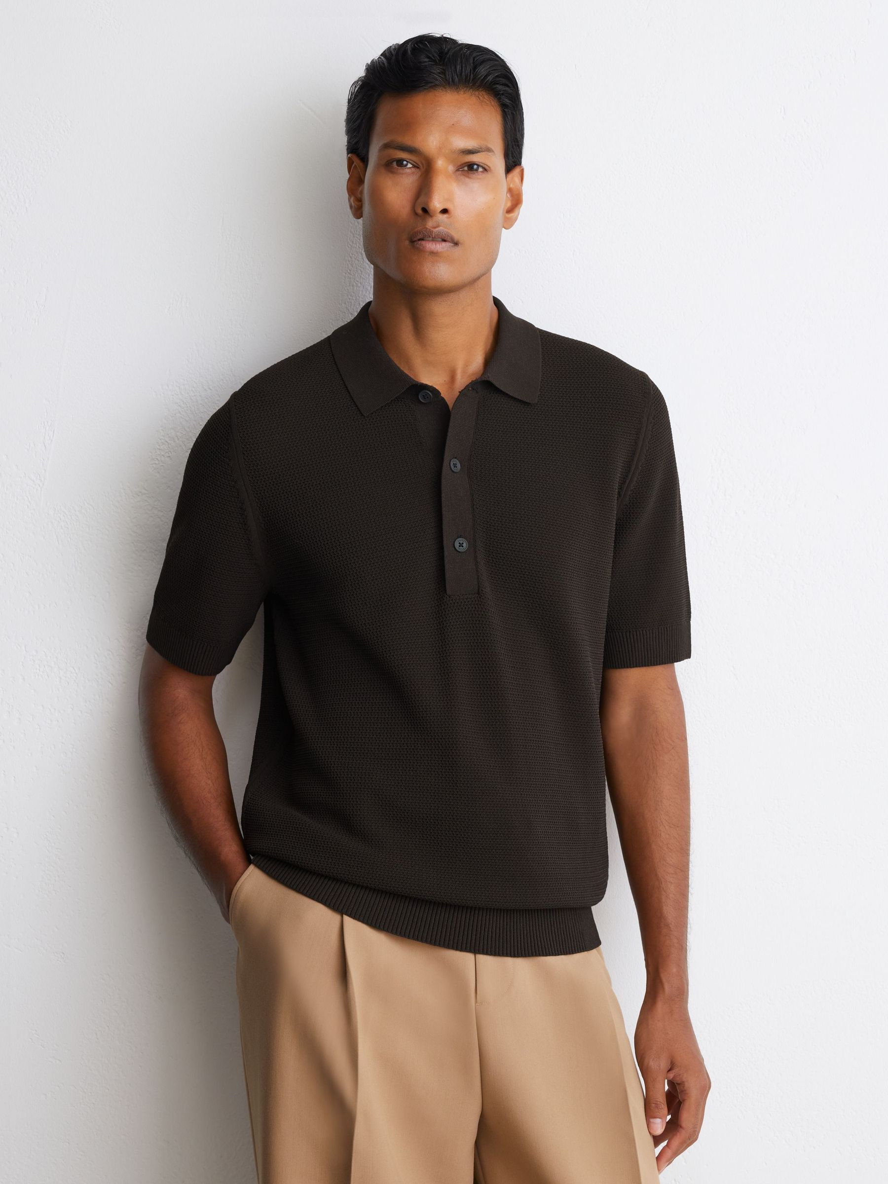 Cotton-Blend Basket-Stitch Polo Shirt in Chocolate Brown - Image 4 of 7