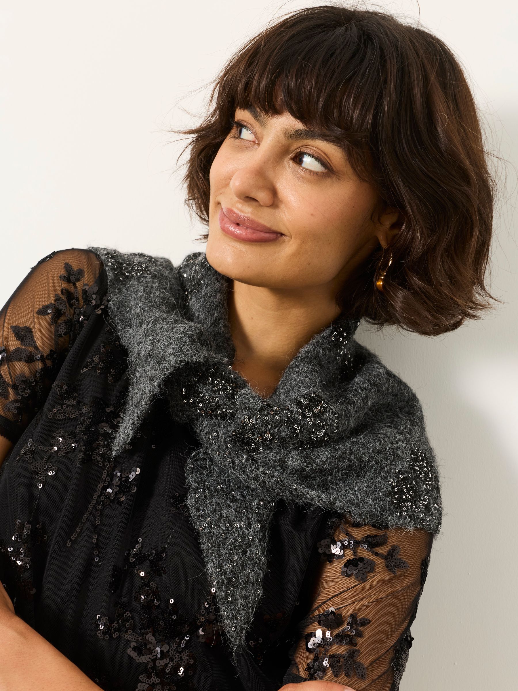 Grey Floral Sequin Triangle Scarf - Image 2 of 5 Grey Floral Sequin Triangle Scarf - Image 2 of 5