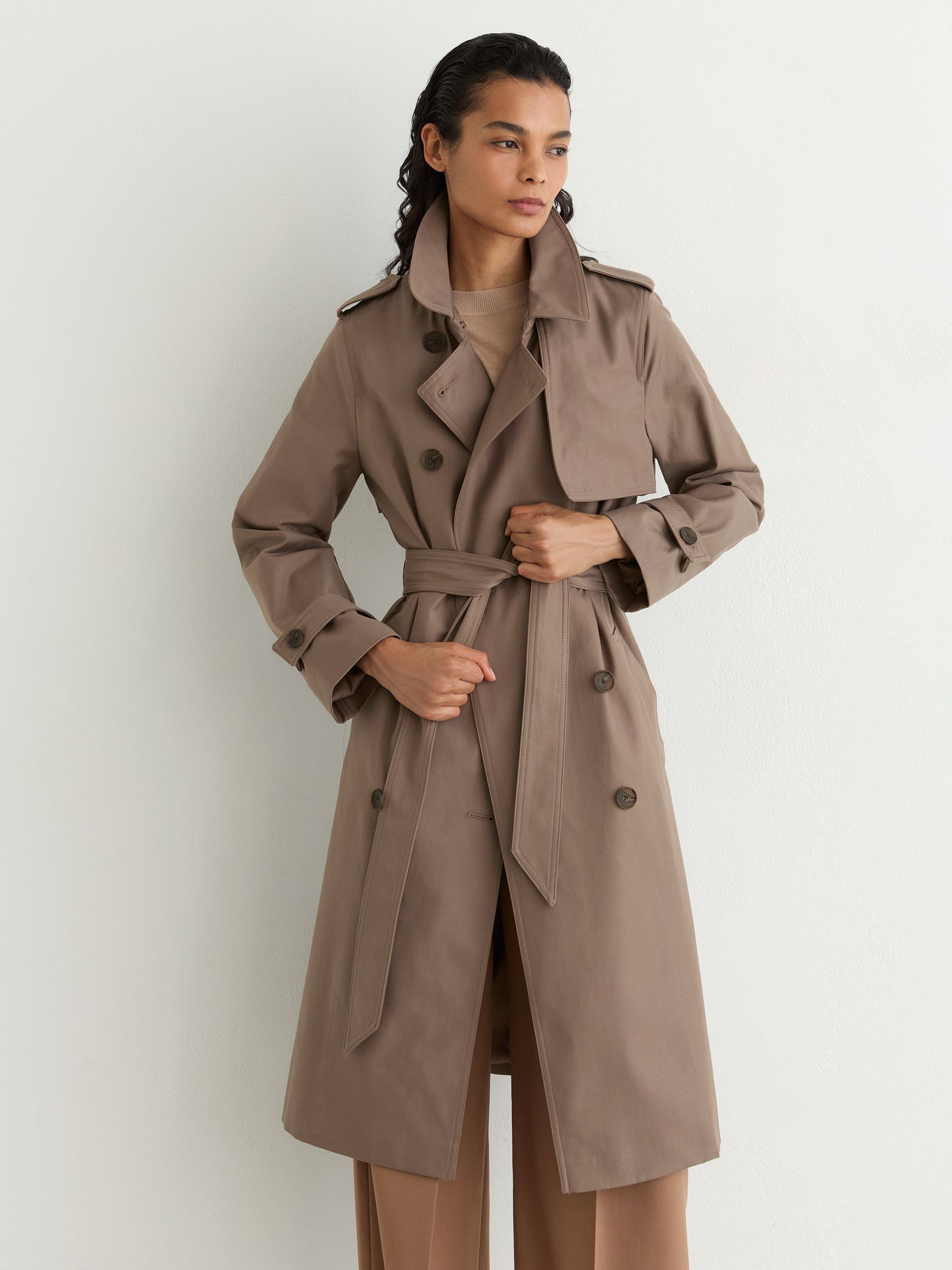 Tall Hooded Insert Trench Coat in Taupe Neutral - Image 1 of 11