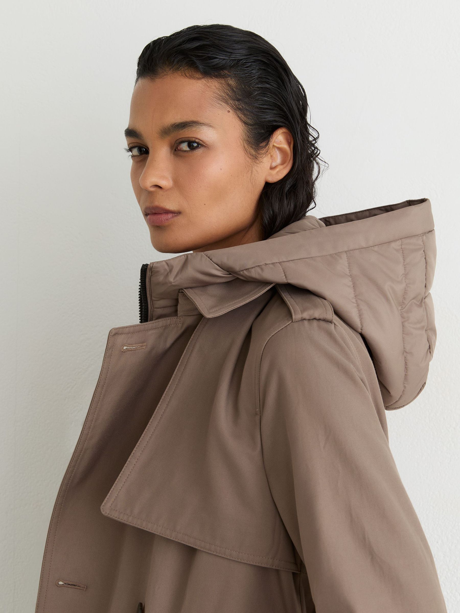 Tall Hooded Insert Trench Coat in Taupe Neutral - Image 6 of 11