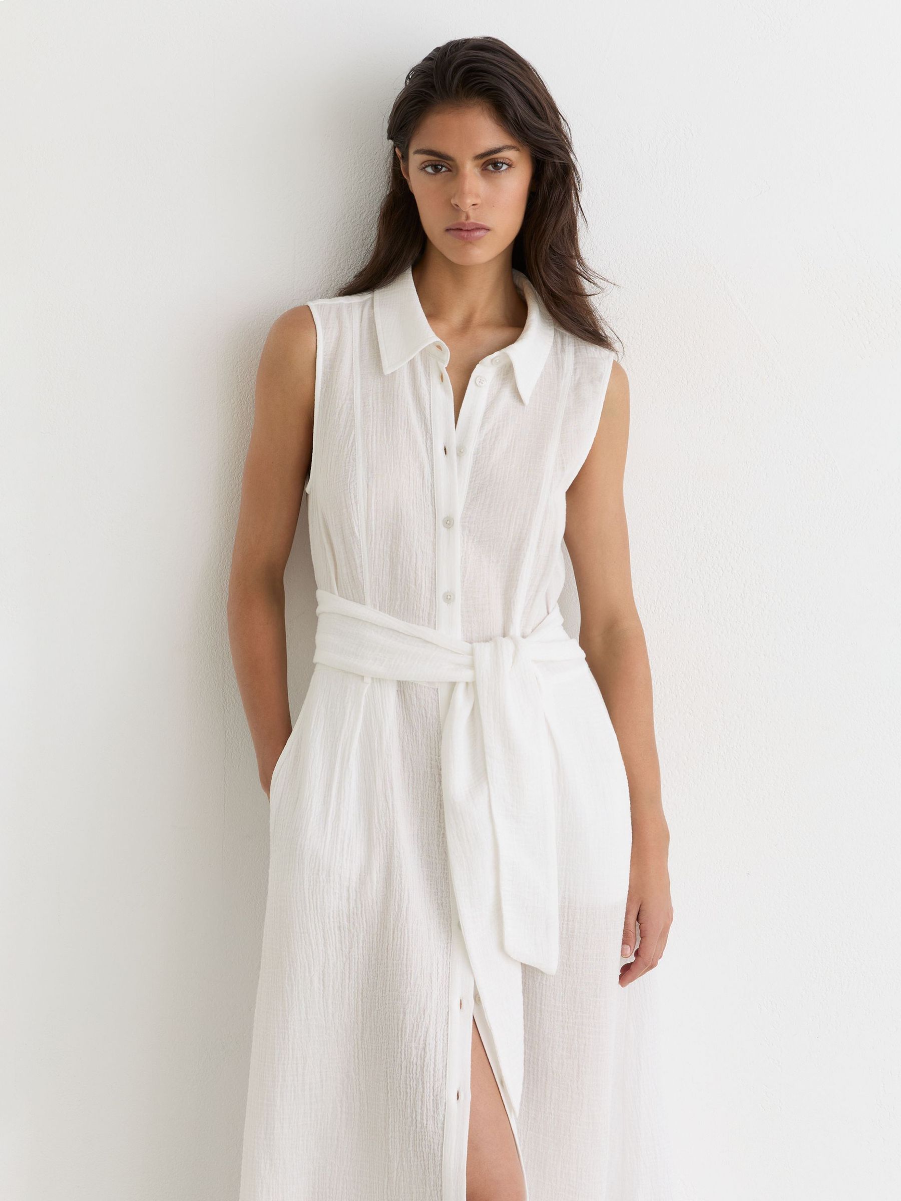 Cotton Cheesecloth Belted Shirt Dress in Ivory - Image 1 of 7