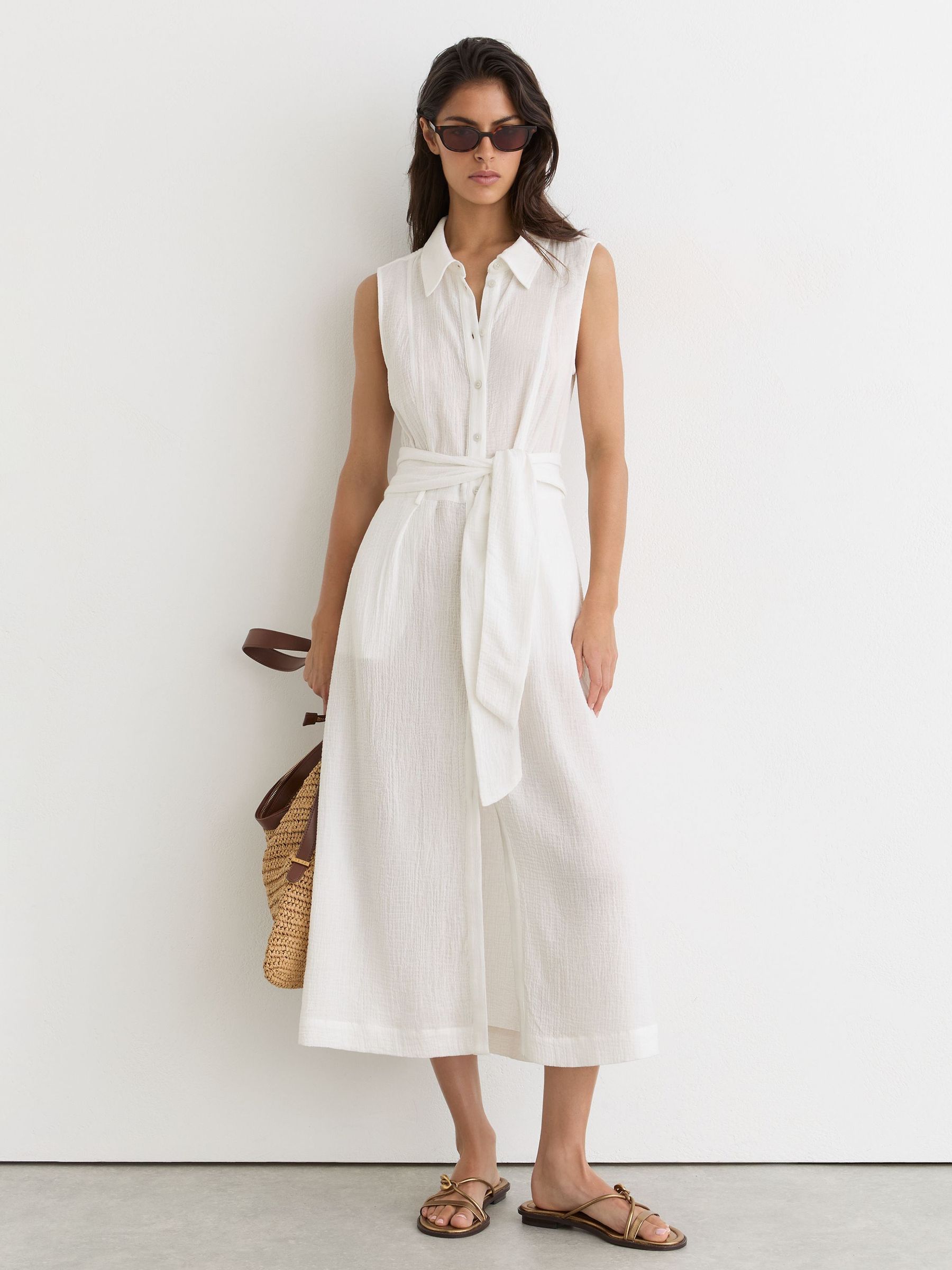 Cotton Cheesecloth Belted Shirt Dress in Ivory - Image 3 of 7