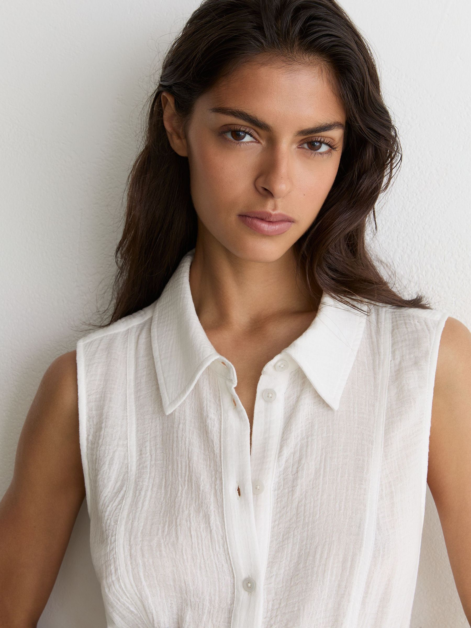 Cotton Cheesecloth Belted Shirt Dress in Ivory - Image 4 of 7
