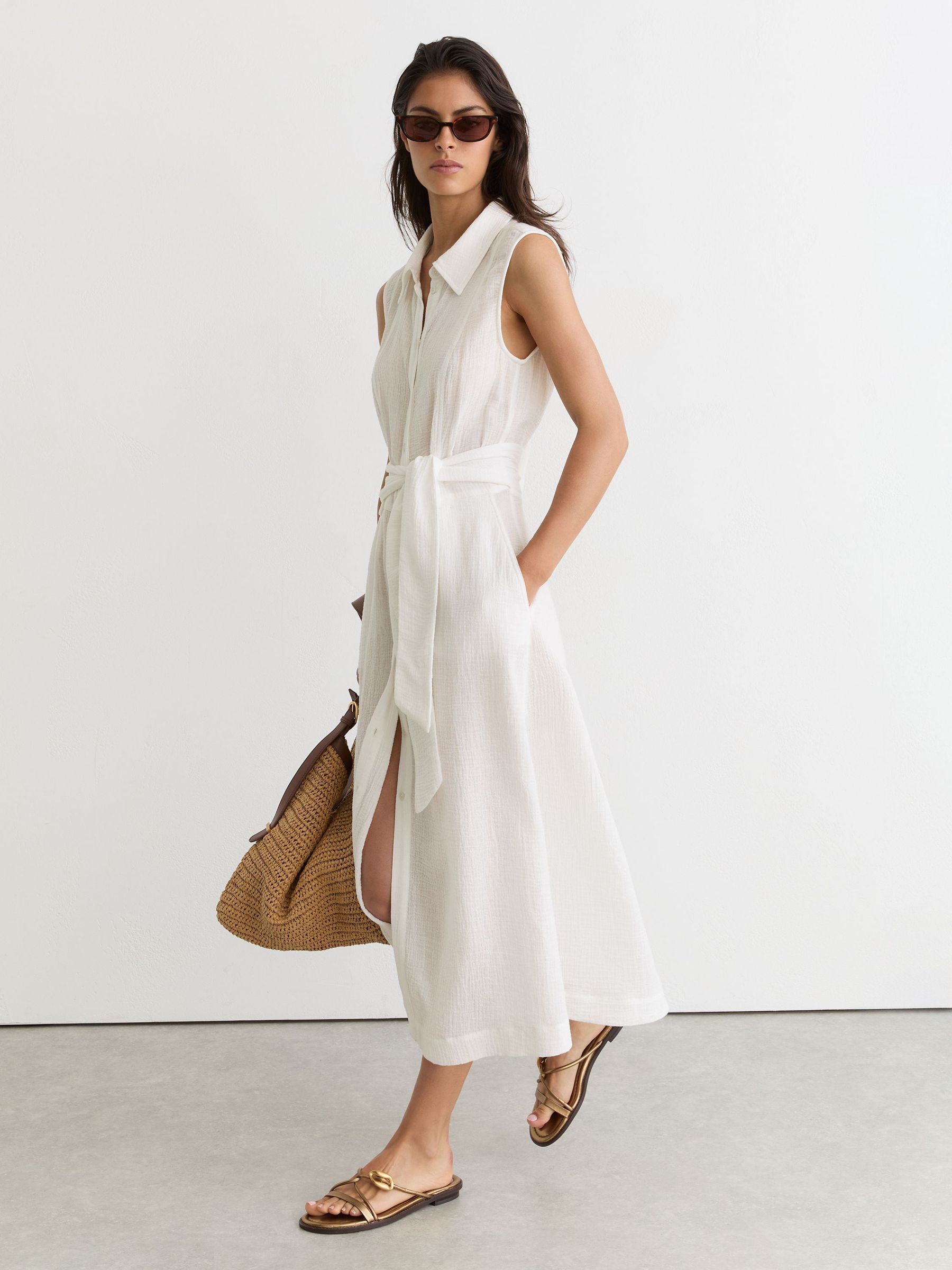 Cotton Cheesecloth Belted Shirt Dress in Ivory - Image 6 of 7
