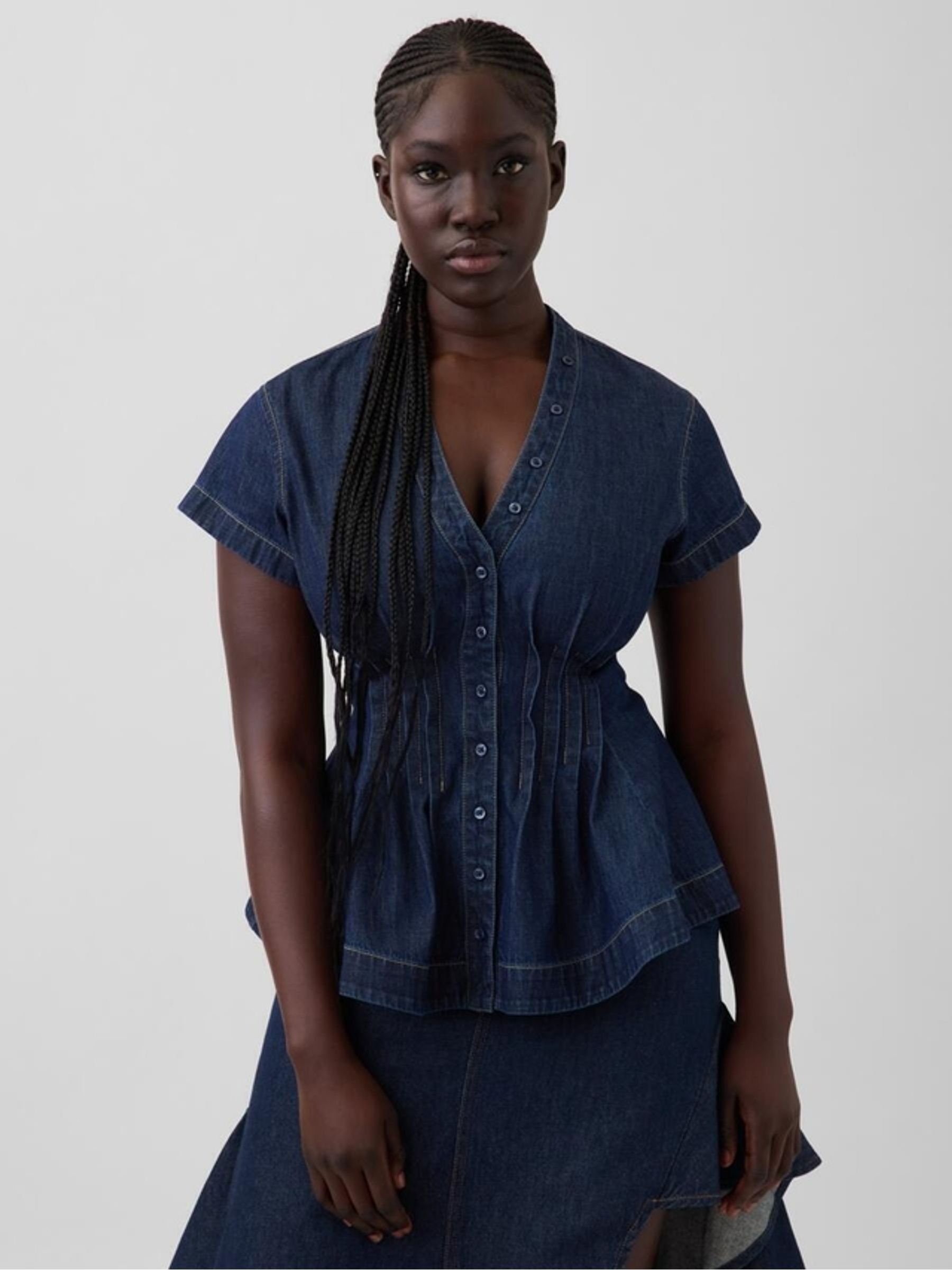 Gap x Harlem's Fashion Row Dark Wash Denim Peplum Top - Image 2 of 8