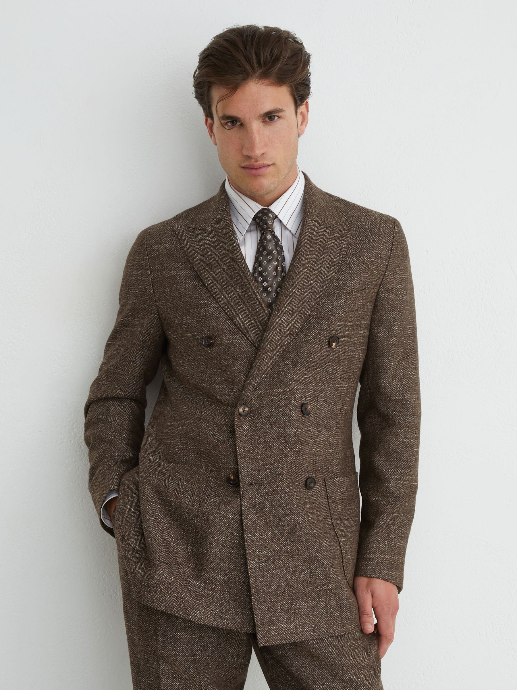 Wool-Blend Double-Breasted Herringbone Blazer Classic-Fit in Brown - Image 1 of 8 Wool-Blend Double-Breasted Herringbone Blazer Classic-Fit in Brown - Image 1 of 8