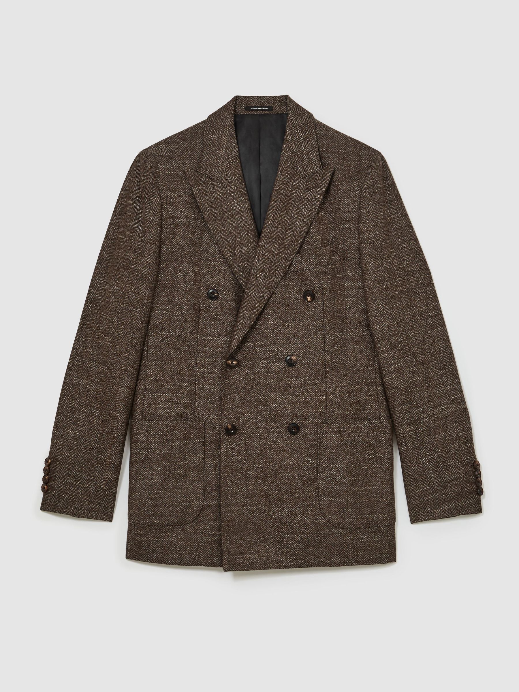 Wool-Blend Double-Breasted Herringbone Blazer Classic-Fit in Brown - Image 2 of 8 Wool-Blend Double-Breasted Herringbone Blazer Classic-Fit in Brown - Image 2 of 8