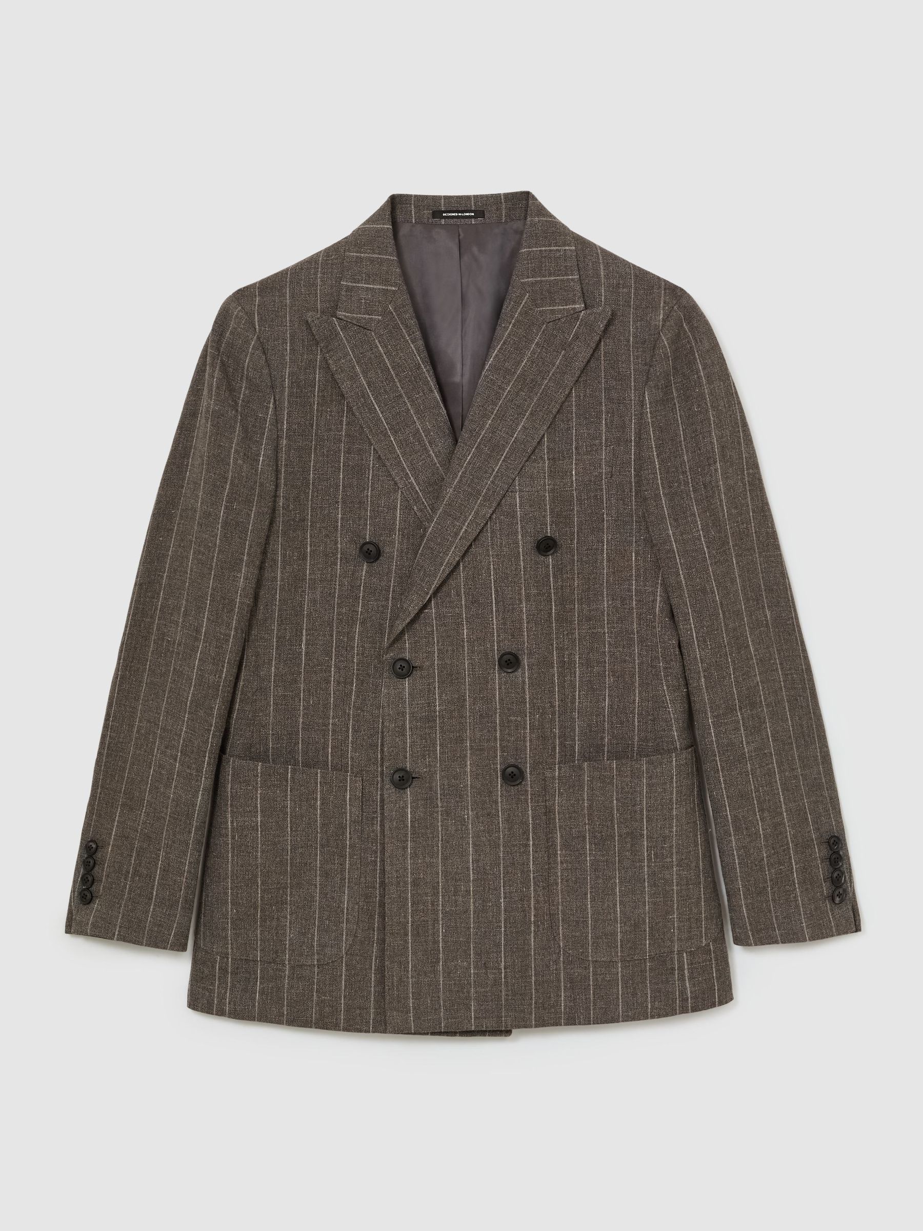 Atelier Linen-Cotton Pinstripe Double-Breasted Classic-Fit Brown Blazer in Brown - Image 2 of 9