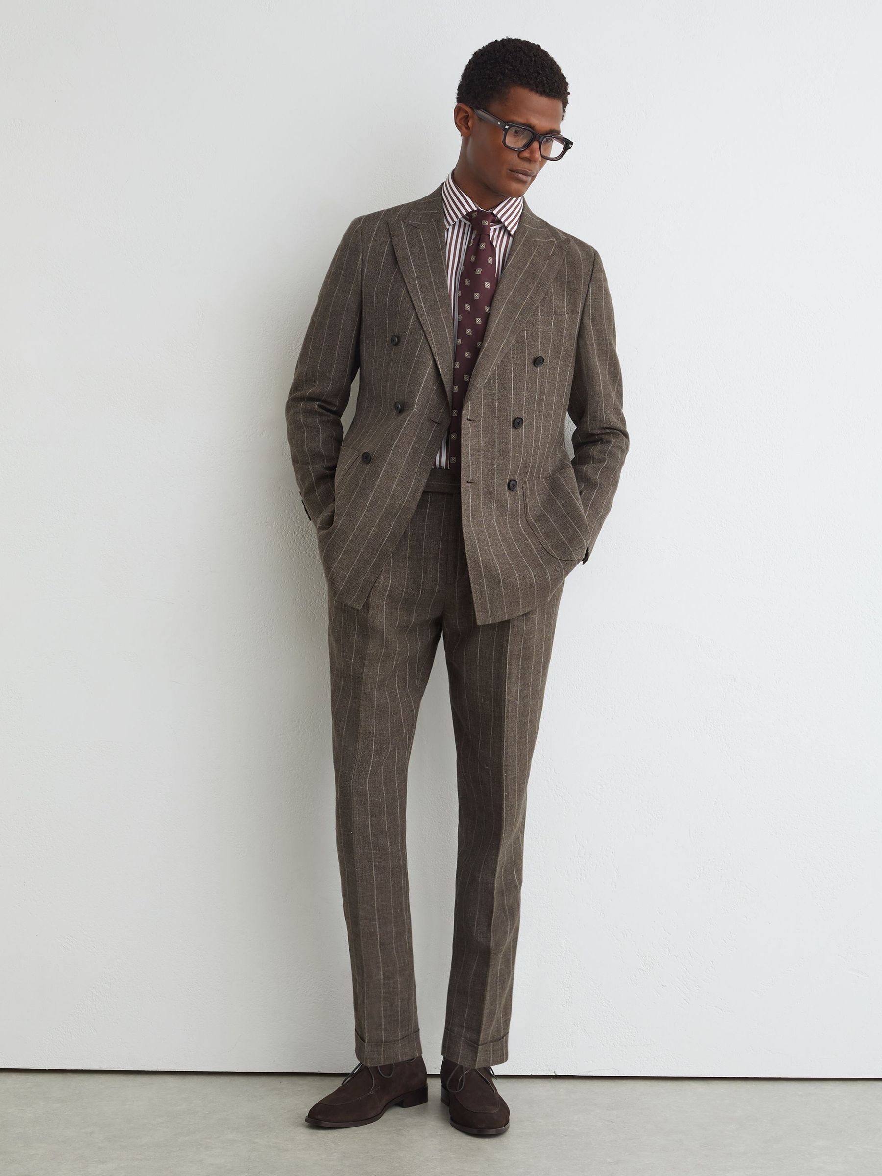 Atelier Linen-Cotton Pinstripe Double-Breasted Classic-Fit Brown Blazer in Brown - Image 3 of 9