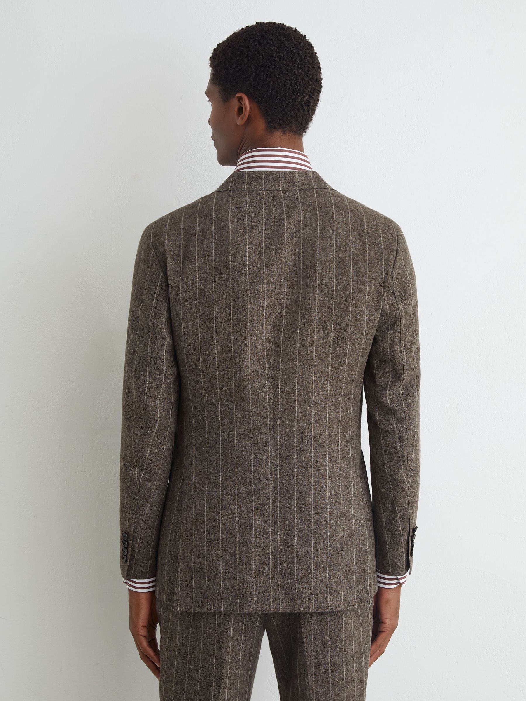 Atelier Linen-Cotton Pinstripe Double-Breasted Classic-Fit Brown Blazer in Brown - Image 6 of 9