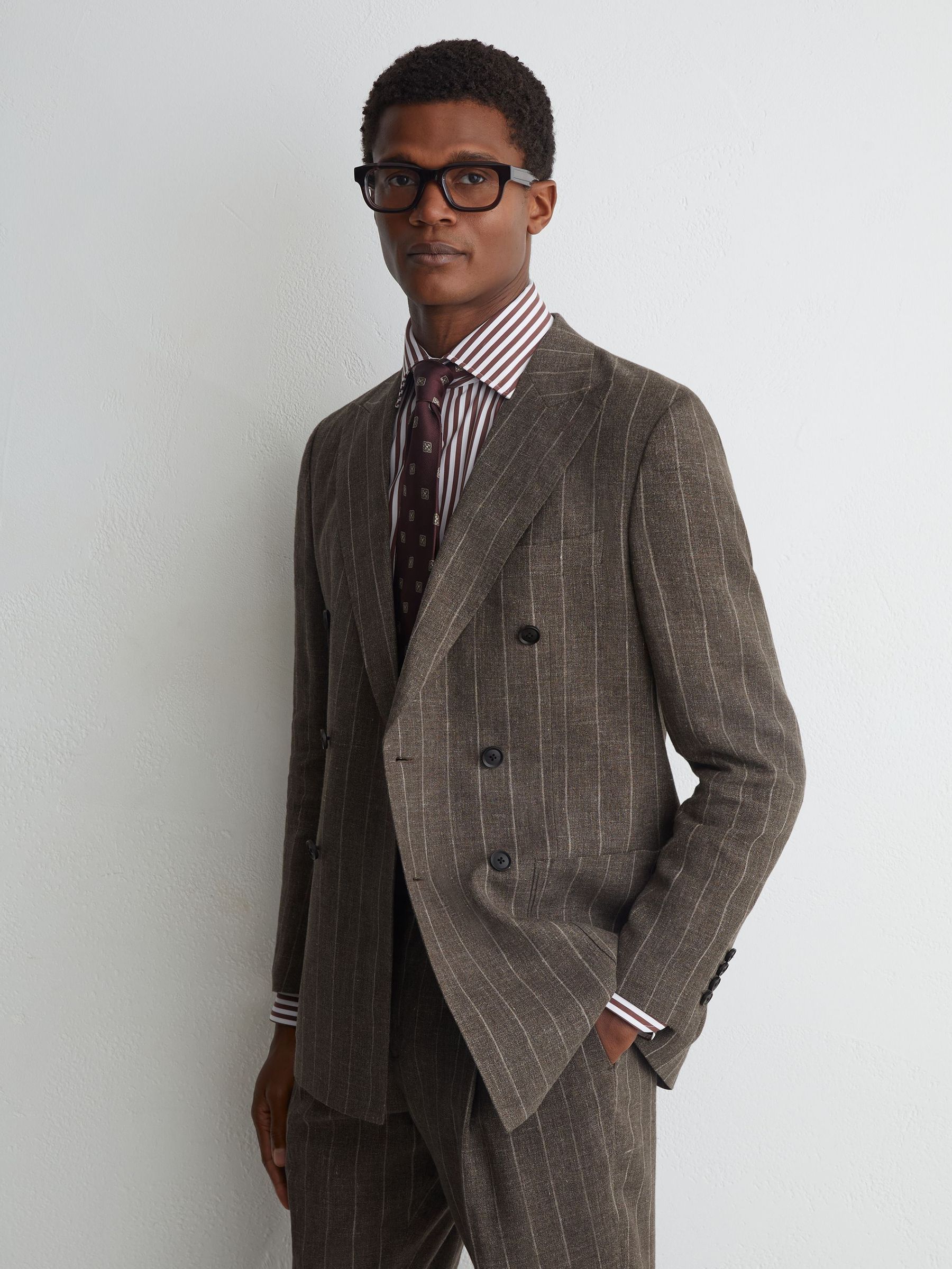 Atelier Linen-Cotton Pinstripe Double-Breasted Classic-Fit Brown Blazer in Brown - Image 7 of 9
