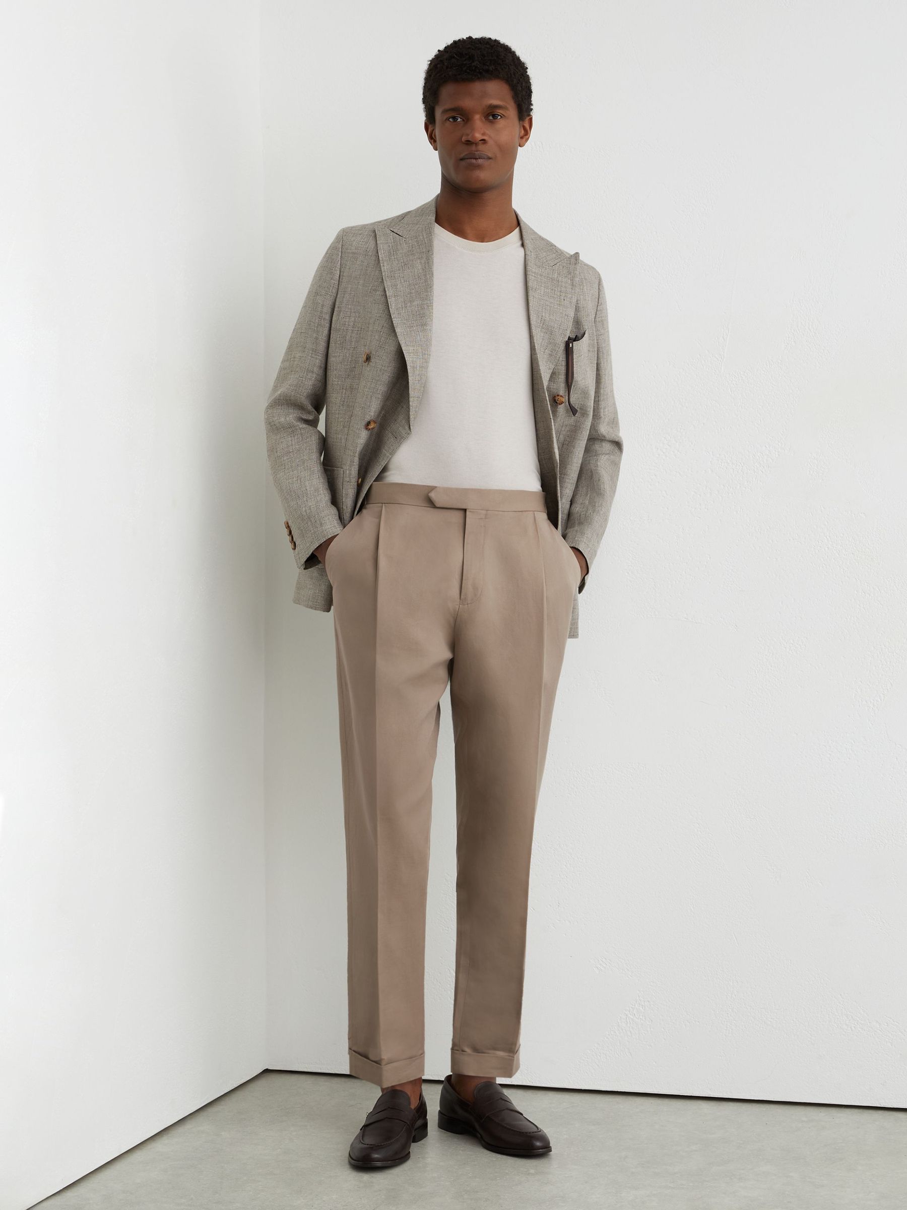Linen-Blend Side-Adjuster Tapered Trousers in Taupe Grey - Image 1 of 7 Linen-Blend Side-Adjuster Tapered Trousers in Taupe Grey - Image 1 of 7