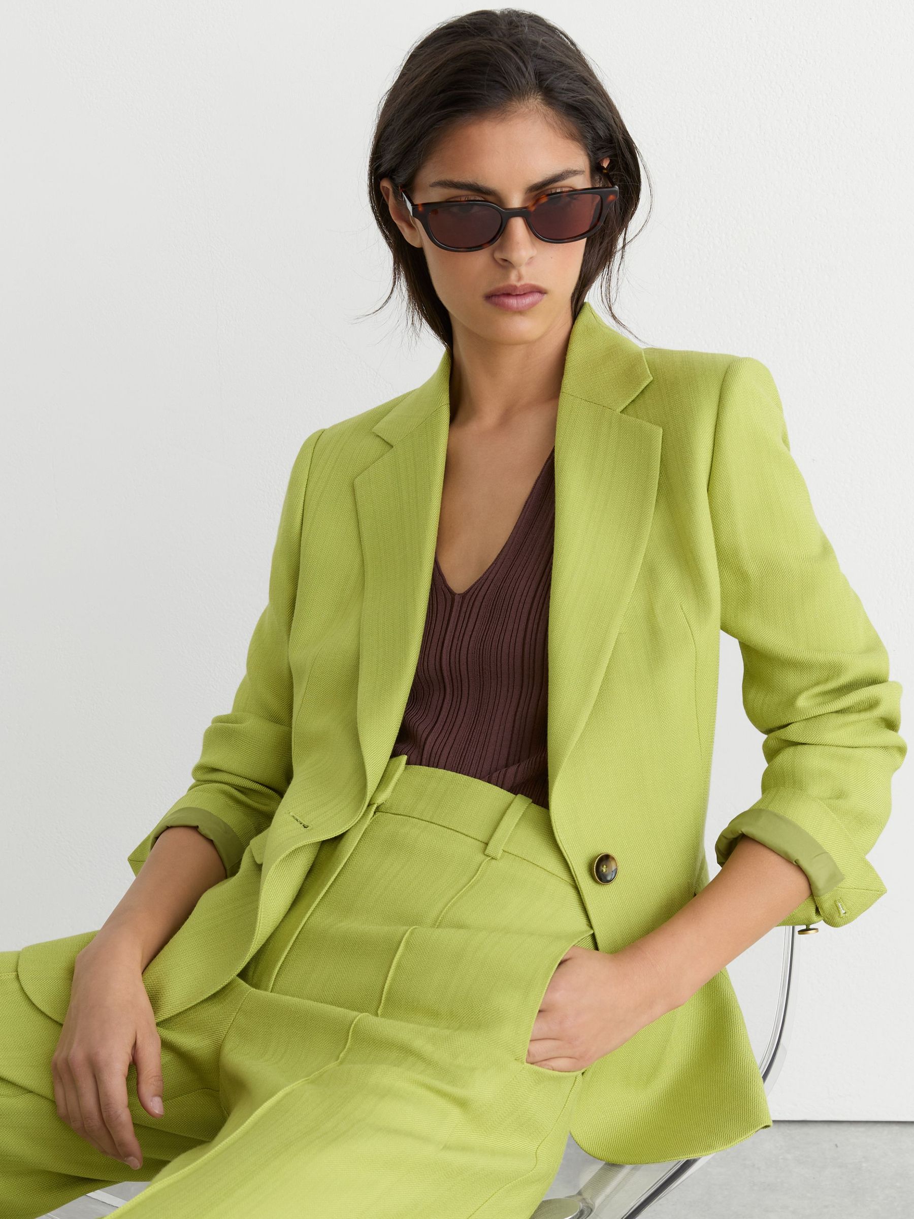 Textured-Weave Single-Breasted Suit Blazer in Green - Image 1 of 7