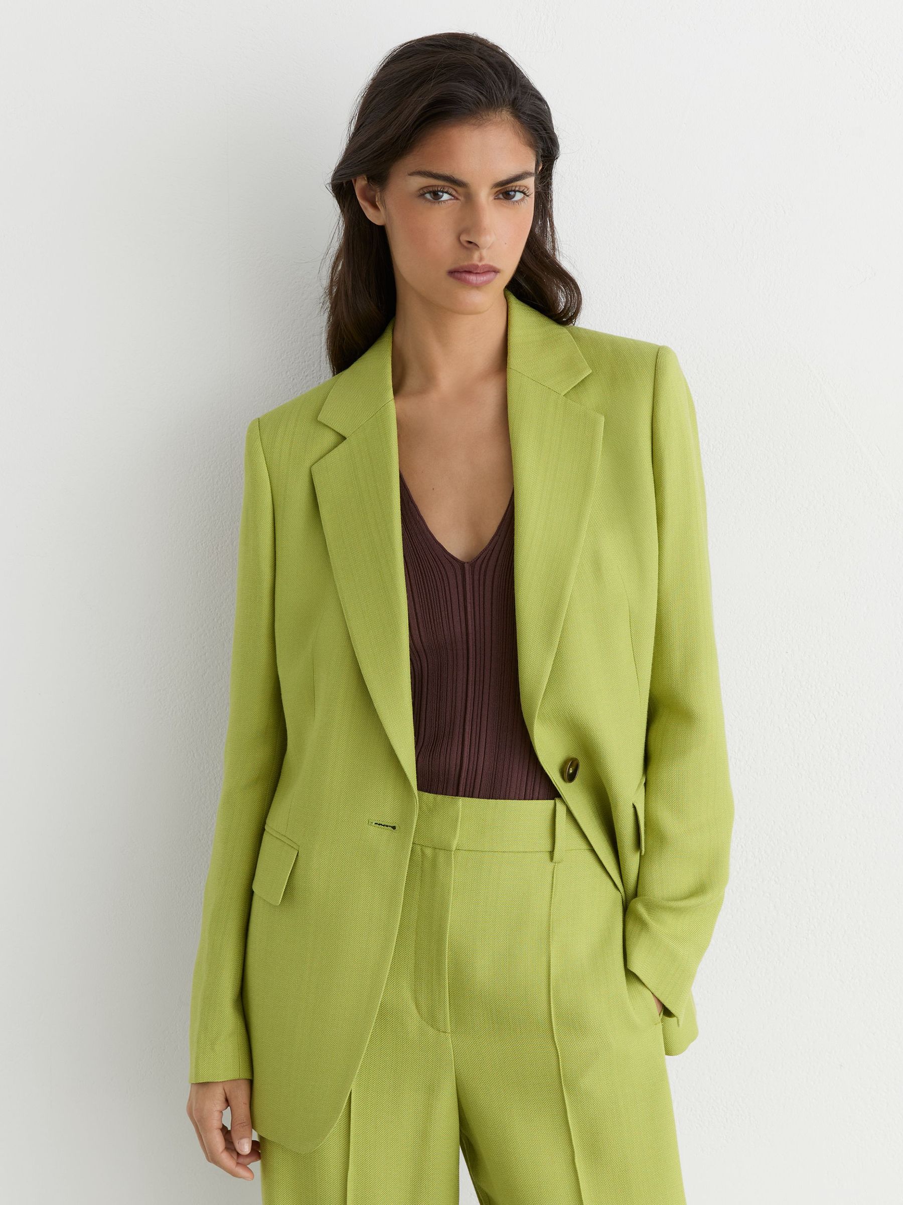 Textured-Weave Single-Breasted Suit Blazer in Green - image 5
